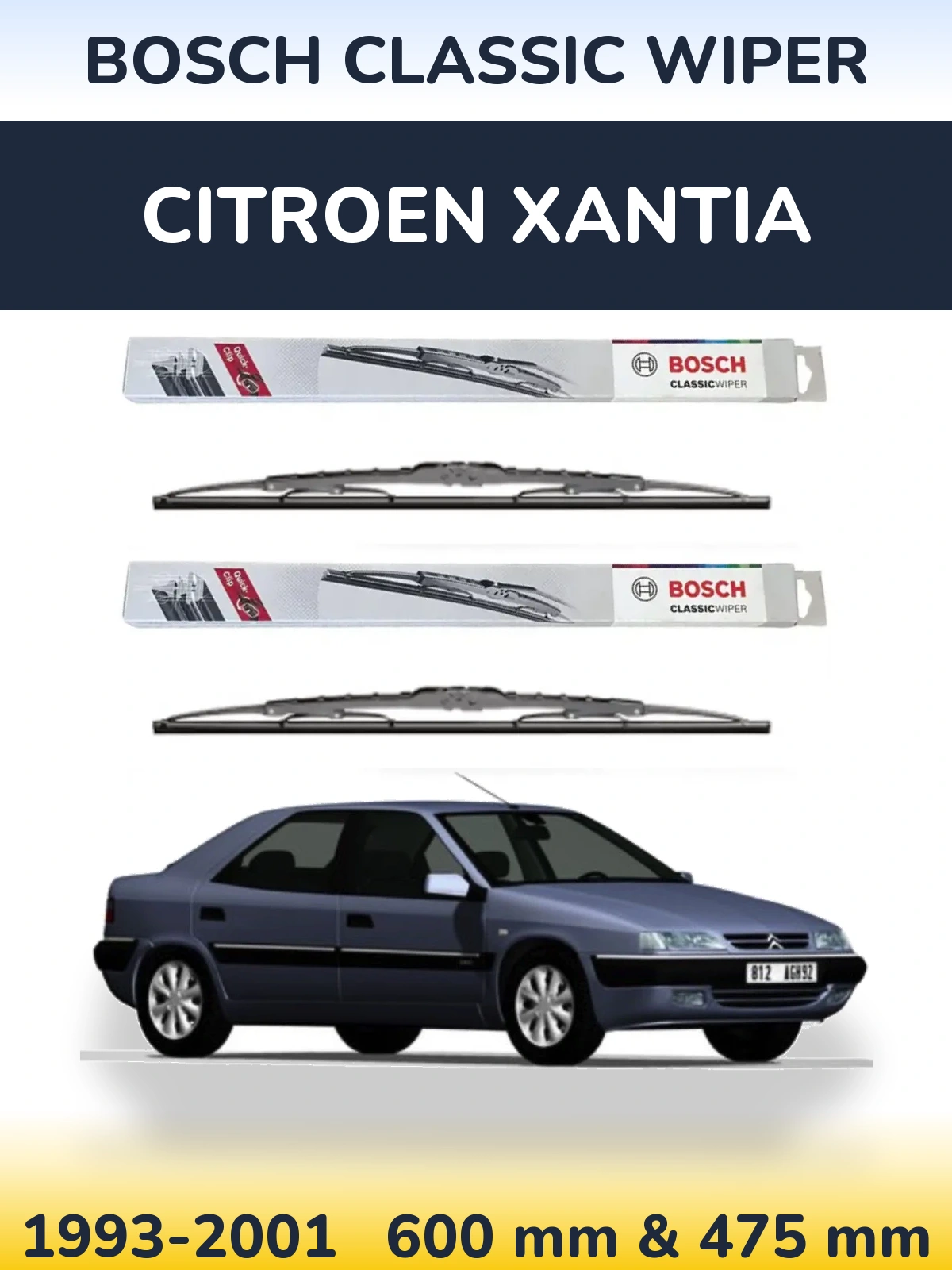 Комплект передніх щіток BOSCH Classic Wiper 600 & 475 мм для Citroen Xantia 1993-2001
