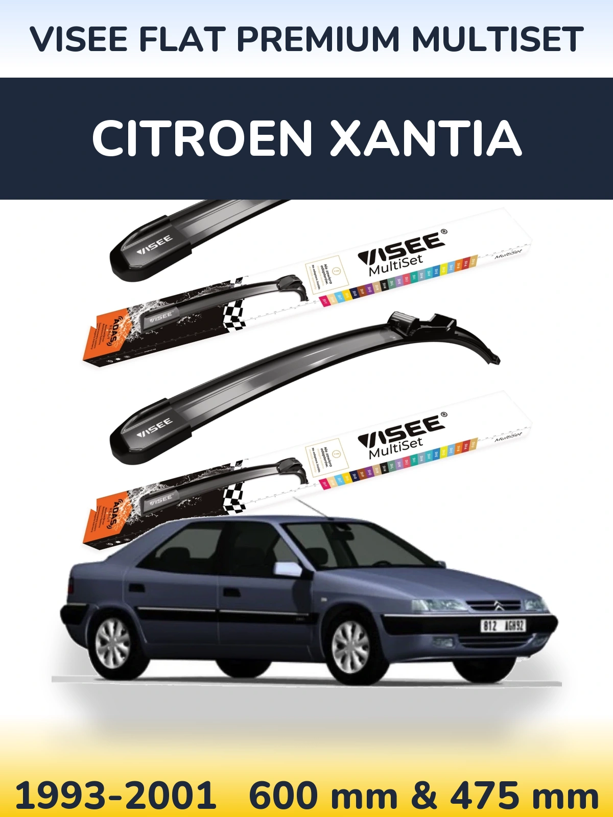 Front wiper blade set VISEE FLAT PREMIUM MultiSet 600 & 475 мм for Citroen Xantia 1993-2001