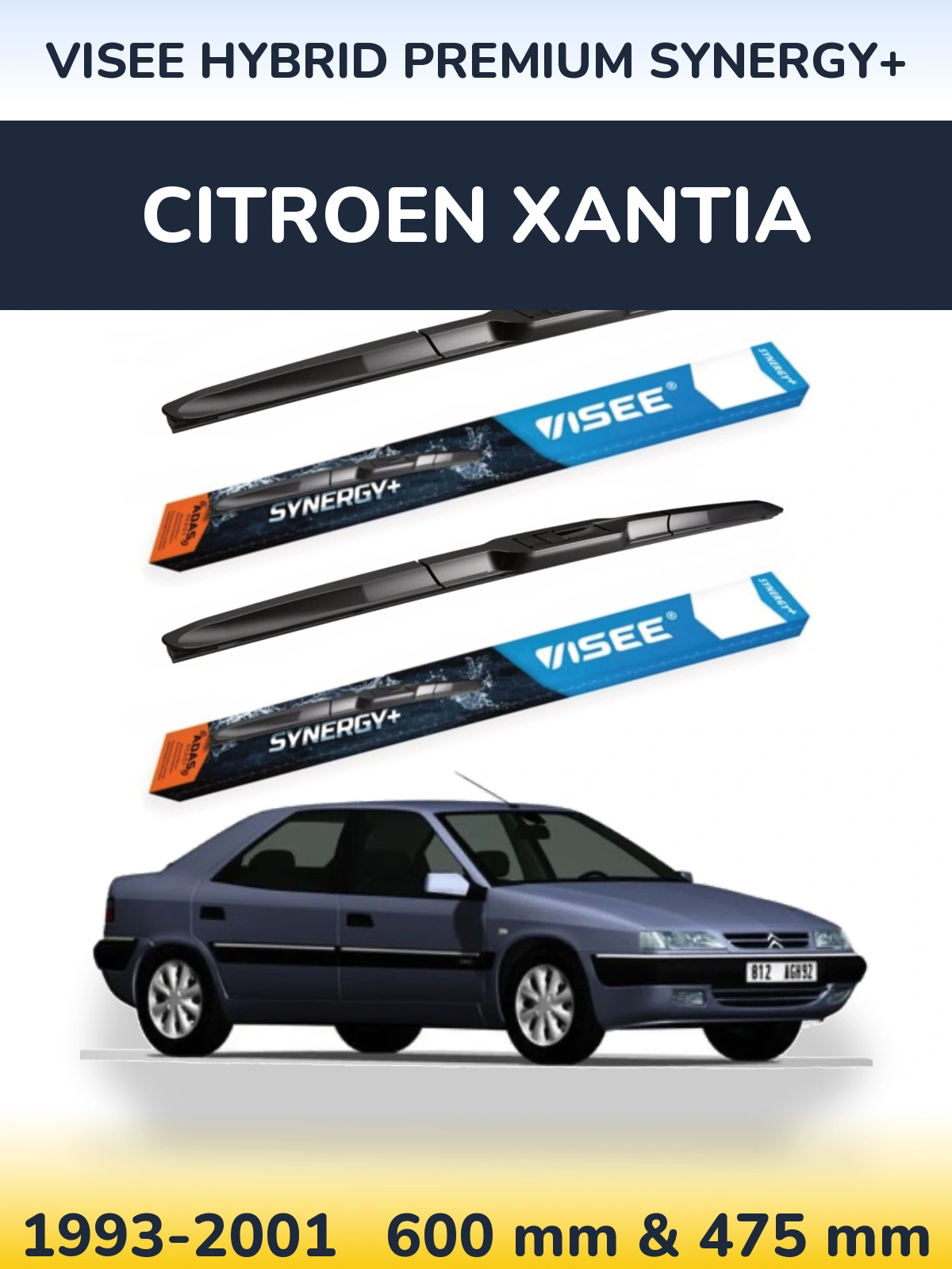Front wiper blade set VISEE HYBRID PREMIUM SYNERGY+ 600 & 475 мм for Citroen Xantia 1993-2001