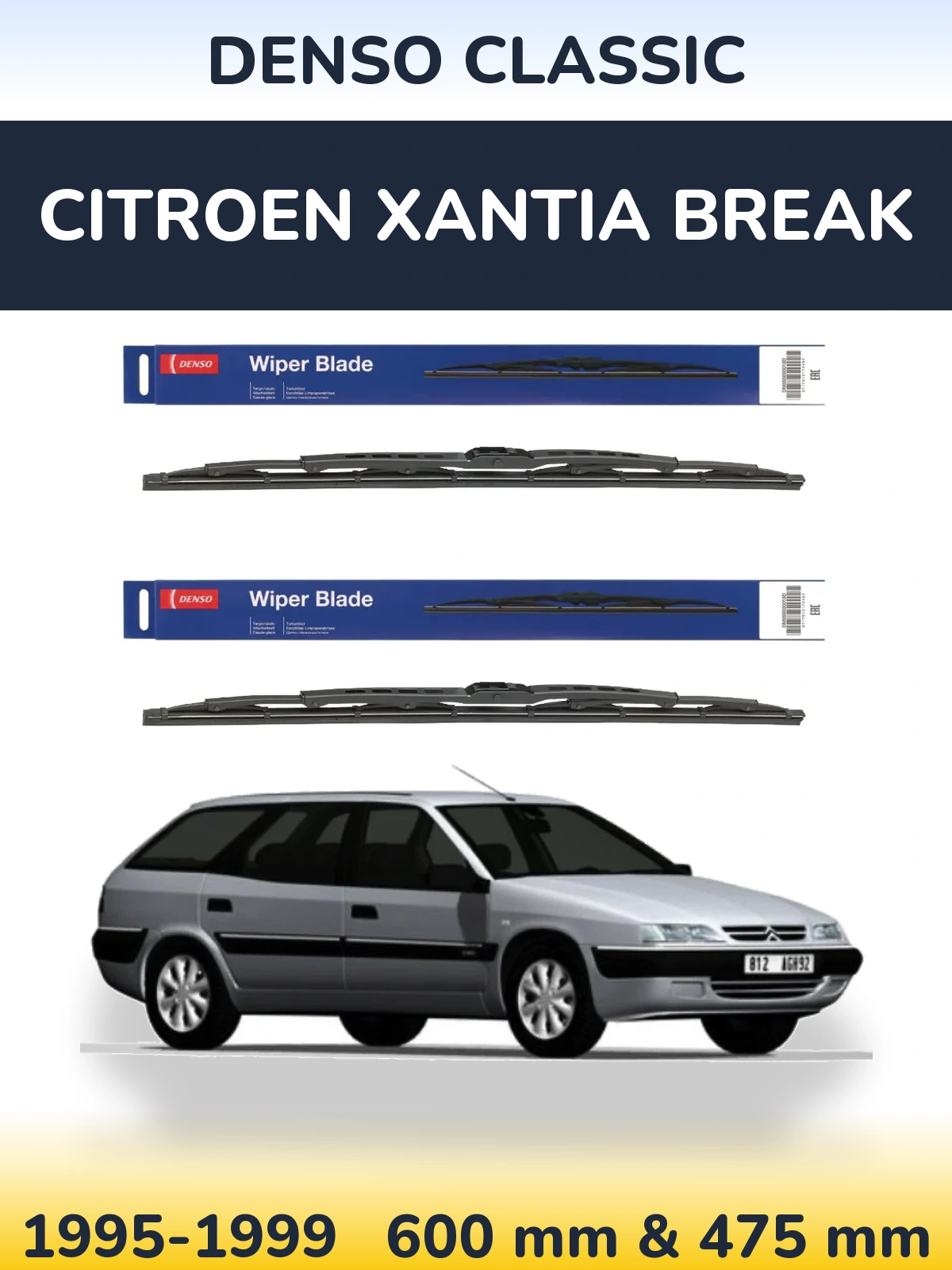 Front wiper blade set Denso Classic 600 & 475 mm for Citroen Xantia Break 1995-1999