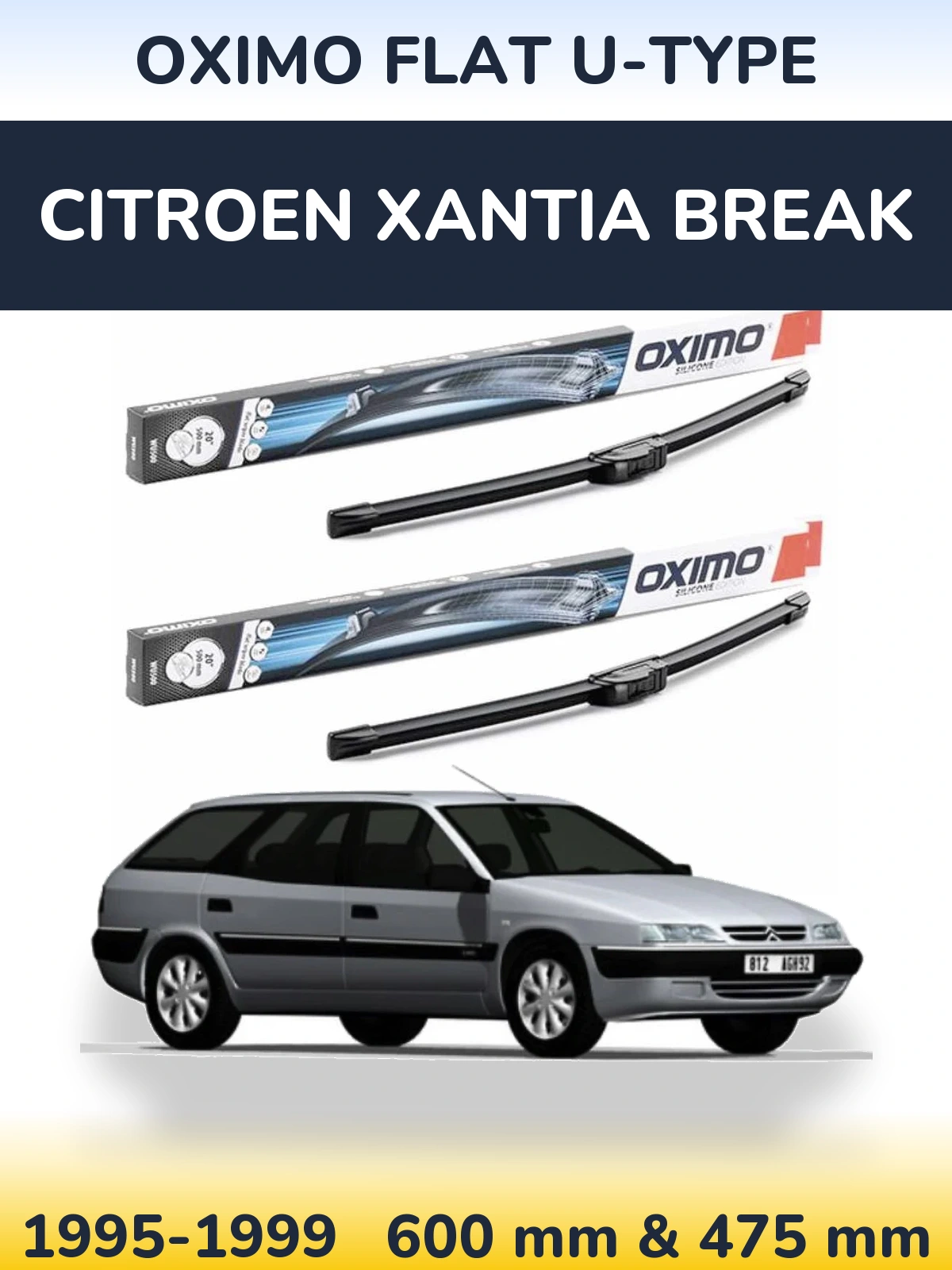 Комплект передних дворников Oximo Flat U-type 600 & 475 мм для Citroen Xantia Break 1995-1999