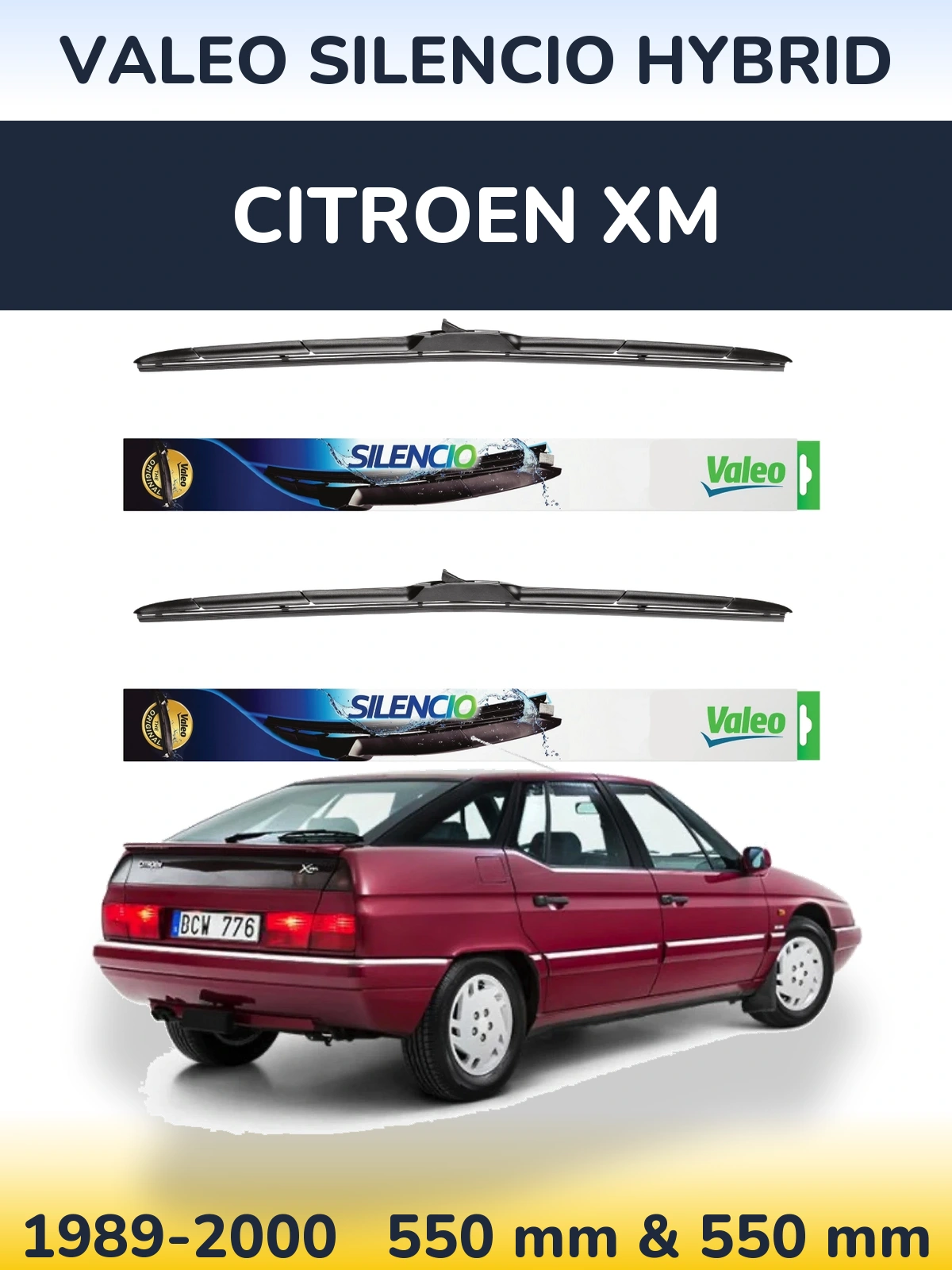 Front wiper blade set Valeo Silencio Hybrid 550 & 550 мм for Citroen XM 1989-2000