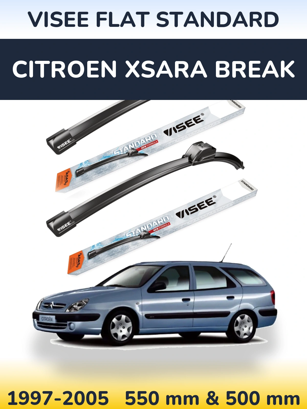 Front wiper blade set VISEE FLAT STANDARD 550 & 500 мм for Citroen Xsara Break 1997-2005
