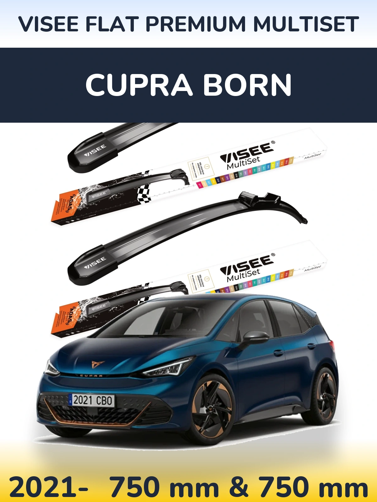 Комплект передних дворников VISEE FLAT PREMIUM MultiSet 750 & 750 мм для Cupra Born 2021-2026