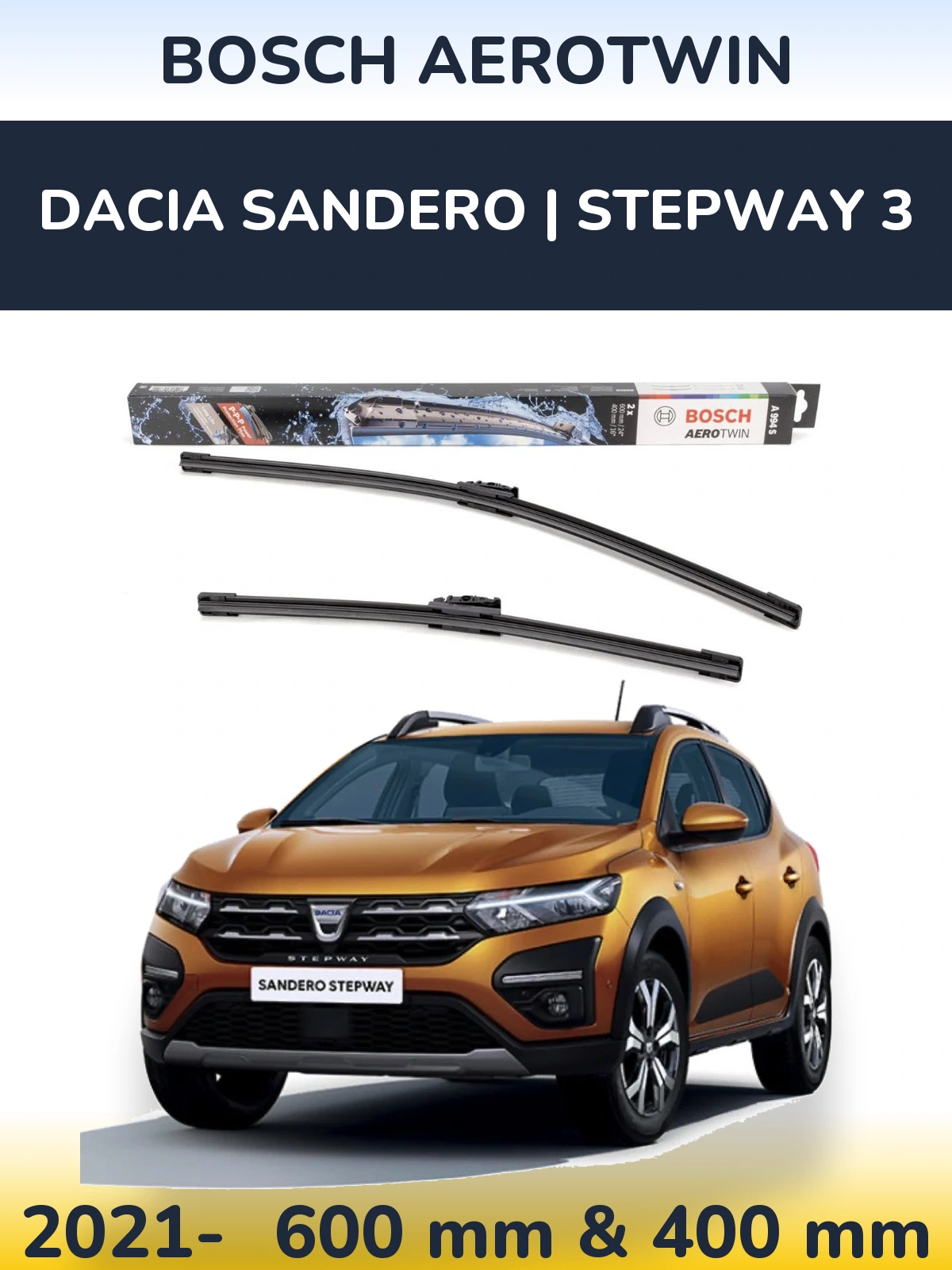 Front wiper blade set BOSCH AeroTwin 600 & 400 мм for Dacia Sandero | Stepway 3 2021-2026