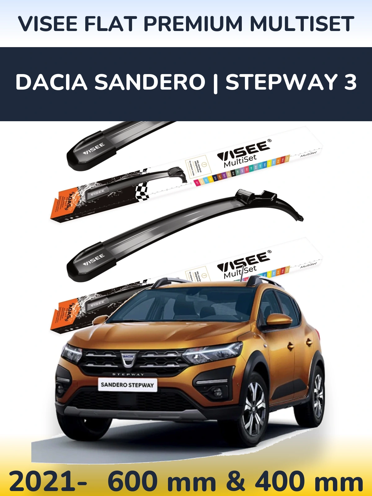 Комплект передних дворников VISEE FLAT PREMIUM MultiSet 600 & 400 мм для Dacia Sandero | Stepway 3 2021-2026