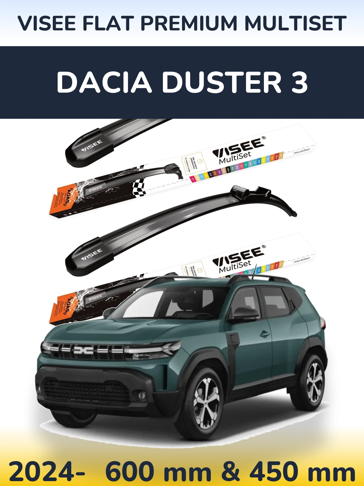Front wiper blade set VISEE FLAT PREMIUM MultiSet 600 & 450 mm for Dacia Duster 3 2024-2026
