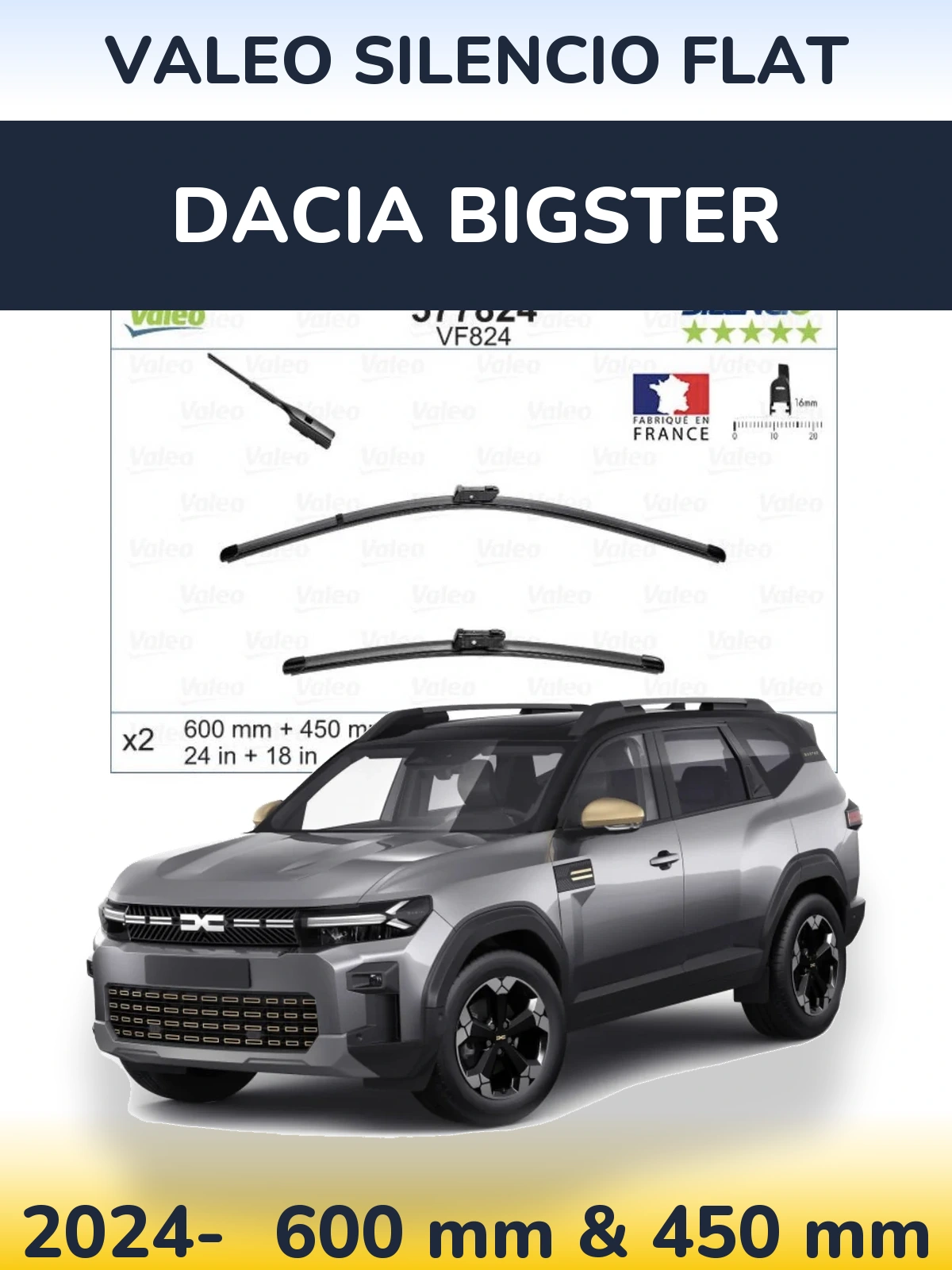 Front wiper blade set Valeo Silencio Flat 600 & 450 мм for Dacia Bigster 2024-2026