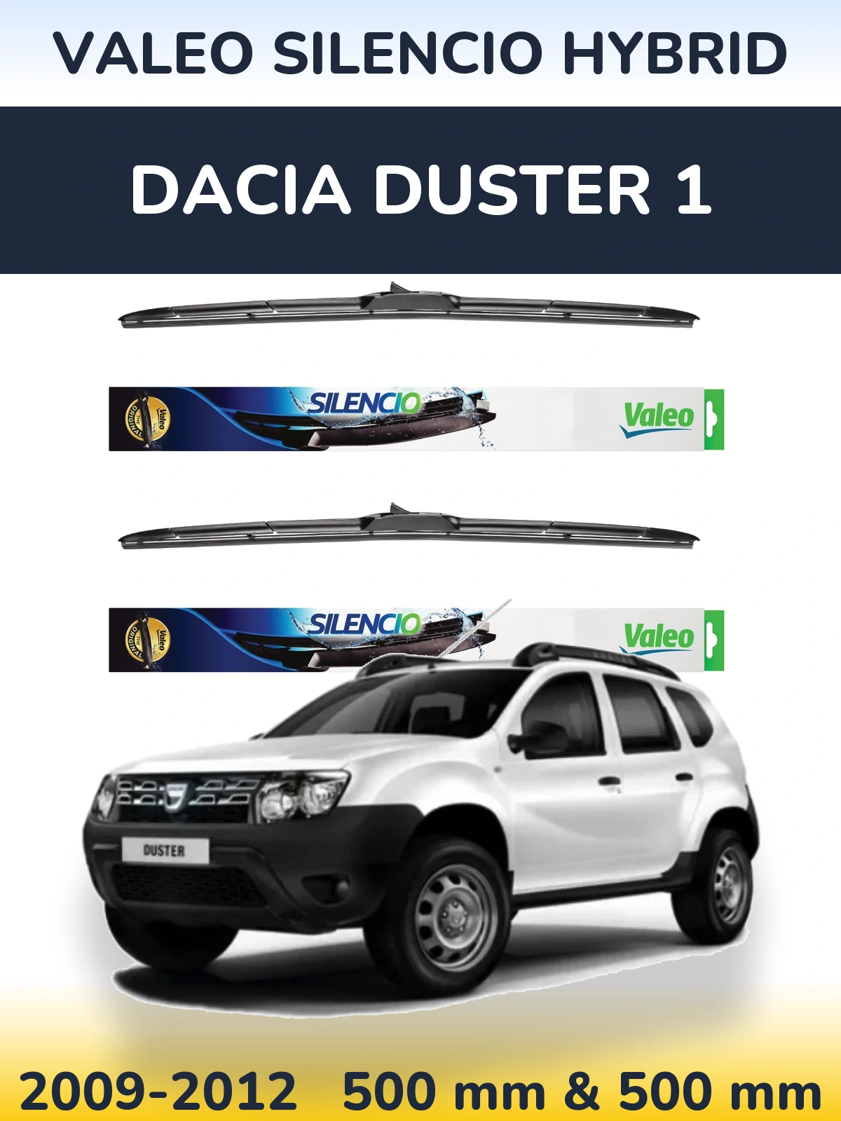 Front wiper blade set Valeo Silencio Hybrid 500 & 500 мм for Dacia Duster 1 2009-2012