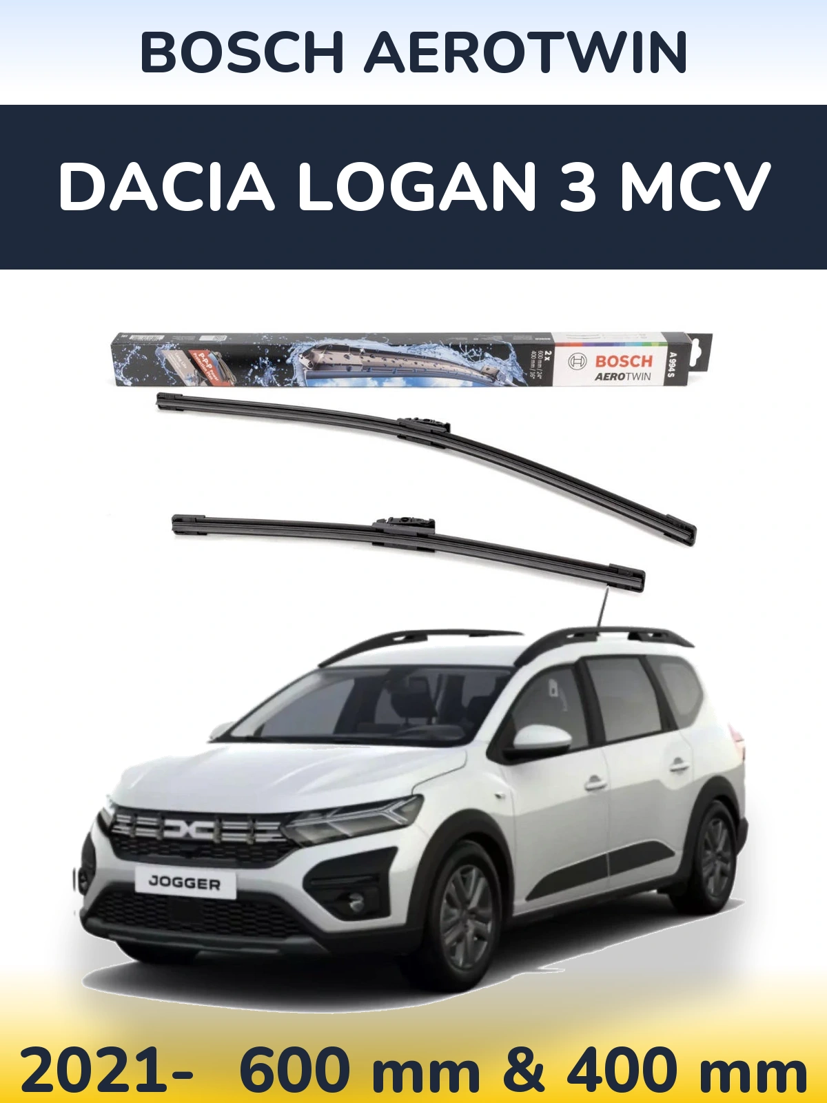 Комплект передніх щіток BOSCH AeroTwin 600 & 400 мм для Dacia Logan 3 MCV 2021-2026