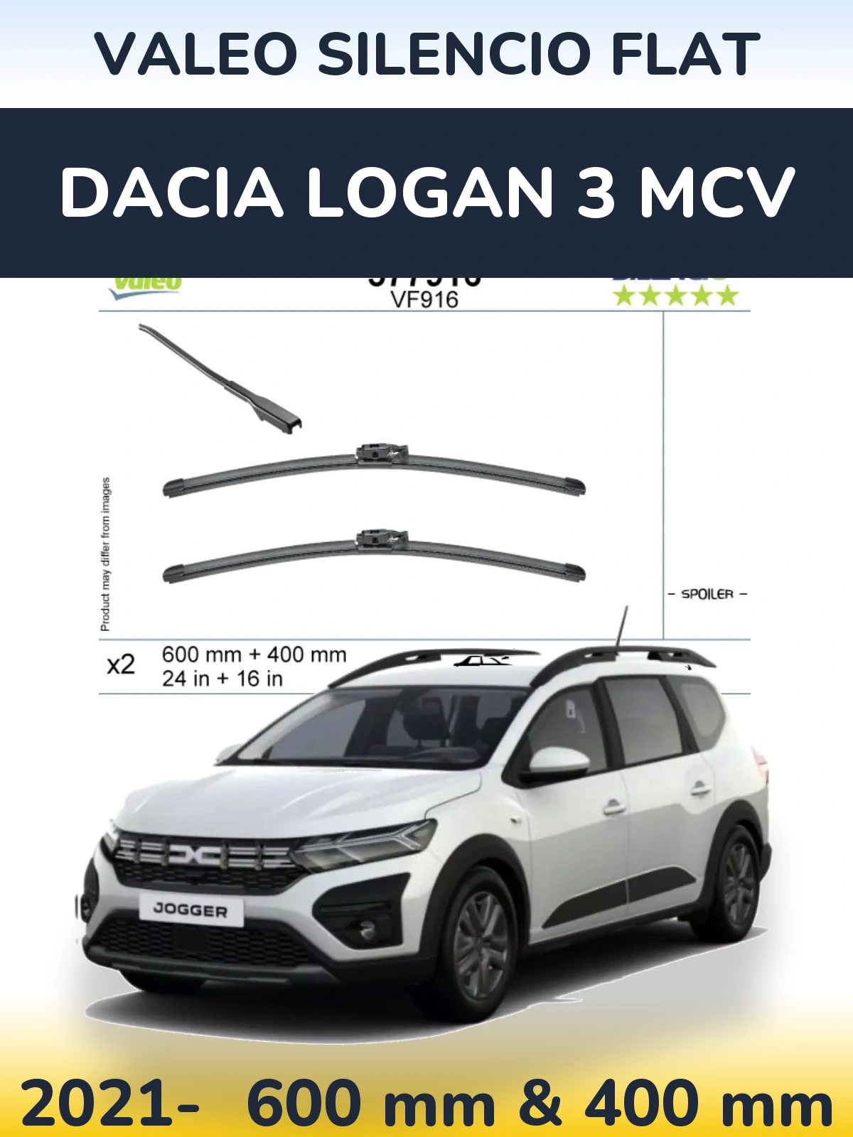 Komplet przednich wycieraczek Valeo Silencio Flat 600 & 400 mm do Dacia Logan 3 MCV 2021-2026