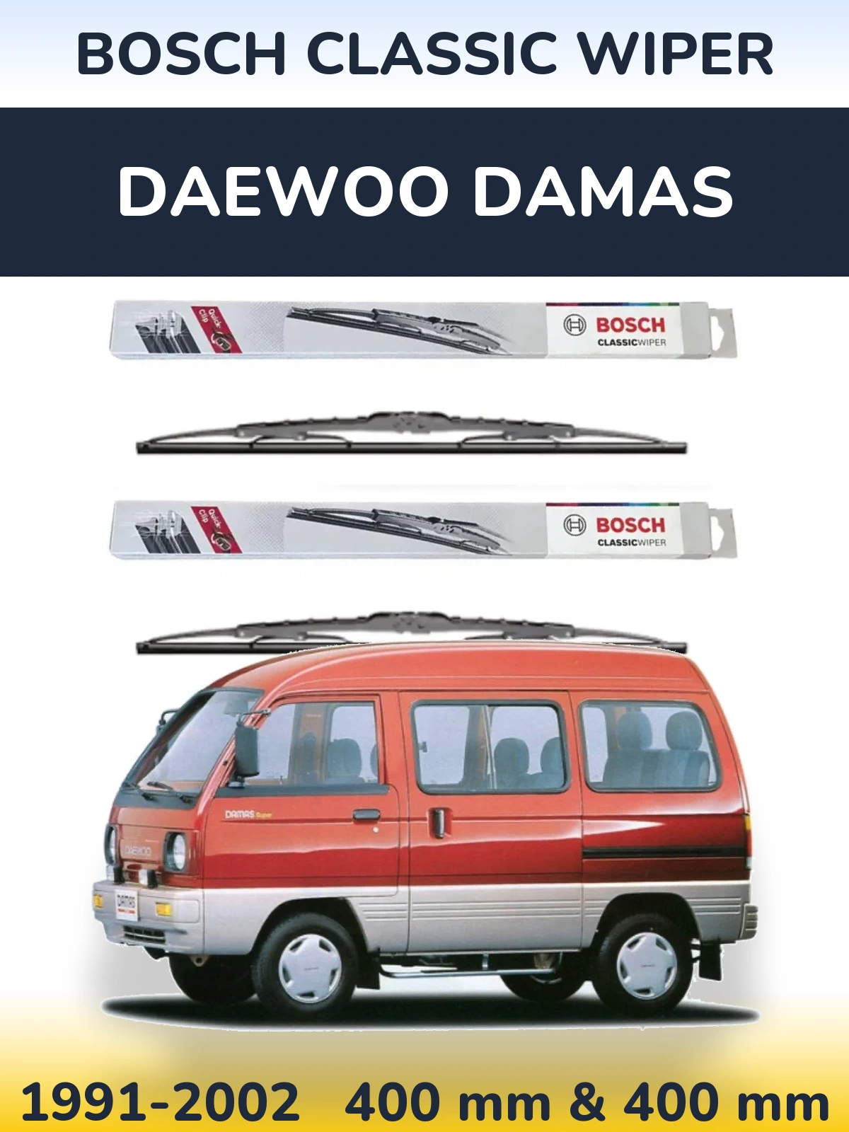 Front wiper blade set BOSCH Classic Wiper 400 & 400 mm for Daewoo Damas 1991-2002