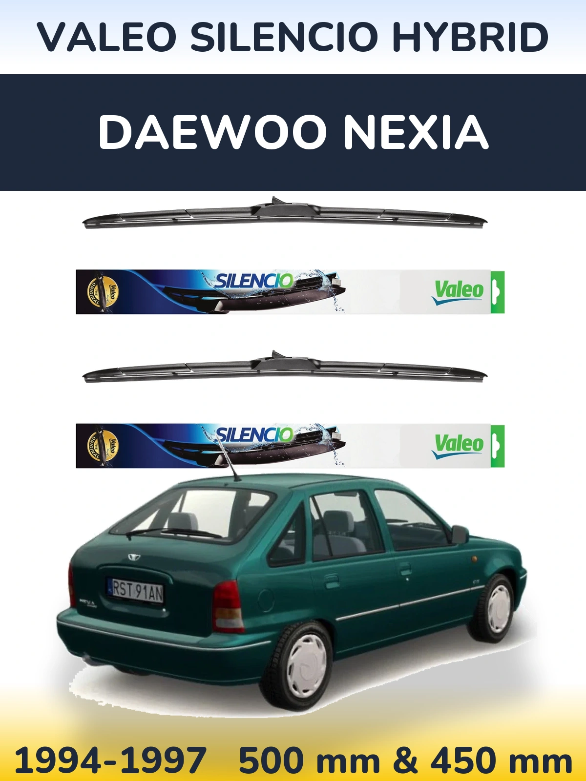 Komplet przednich wycieraczek Valeo Silencio Hybrid 500 & 450 mm do Daewoo Nexia 1994-1997