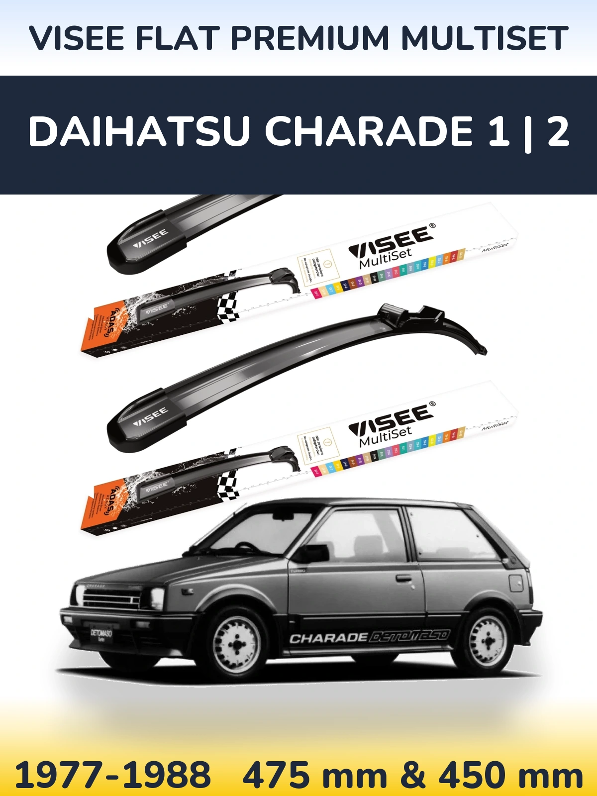 Komplet przednich wycieraczek VISEE FLAT PREMIUM MultiSet 475 & 450 mm do Daihatsu Charade 1 | 2 1977-1988