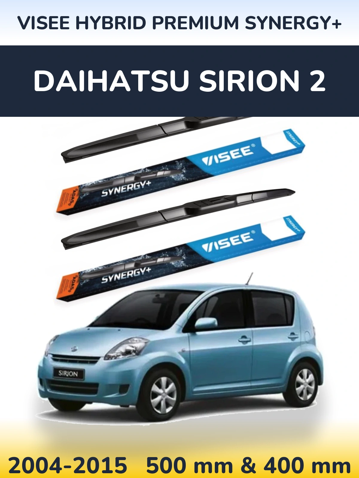 Front wiper blade set VISEE HYBRID PREMIUM SYNERGY+ 500 & 400 mm for Daihatsu SIrion 2 2004-2015