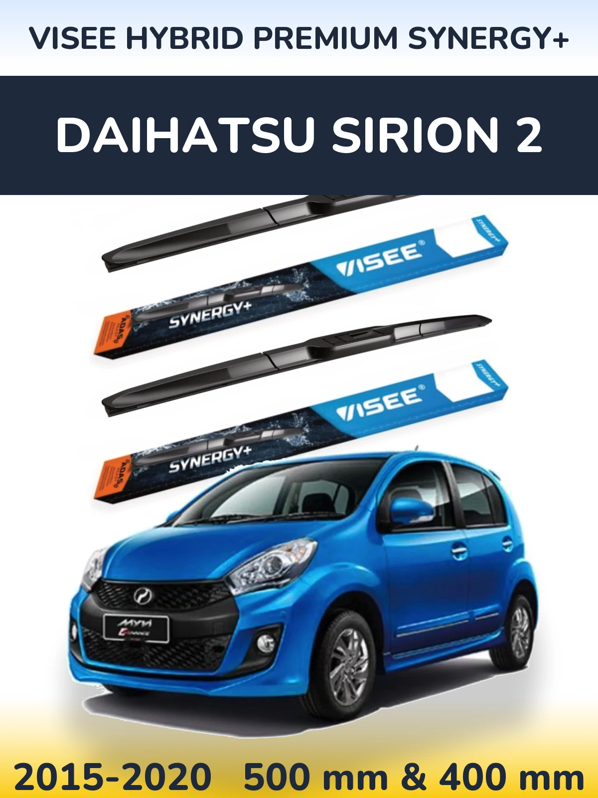 Front wiper blade set VISEE HYBRID PREMIUM SYNERGY+ 500 & 400 mm for Daihatsu SIrion 2 2015-2020