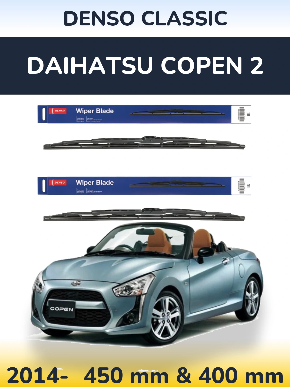 Front wiper blade set Denso Classic 450 & 400 mm for Daihatsu Copen 2 2014-2026