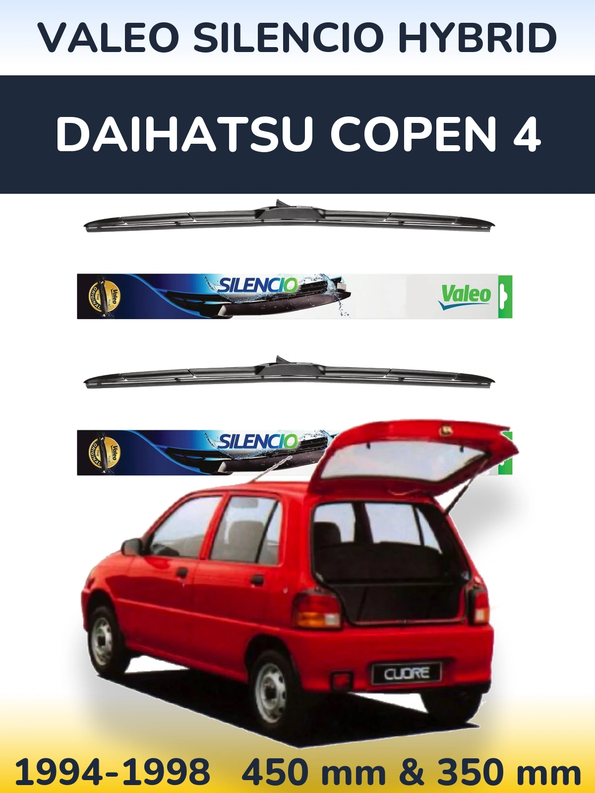 Front wiper blade set Valeo Silencio Hybrid 450 & 350 мм for Daihatsu Copen 4 1994-1998