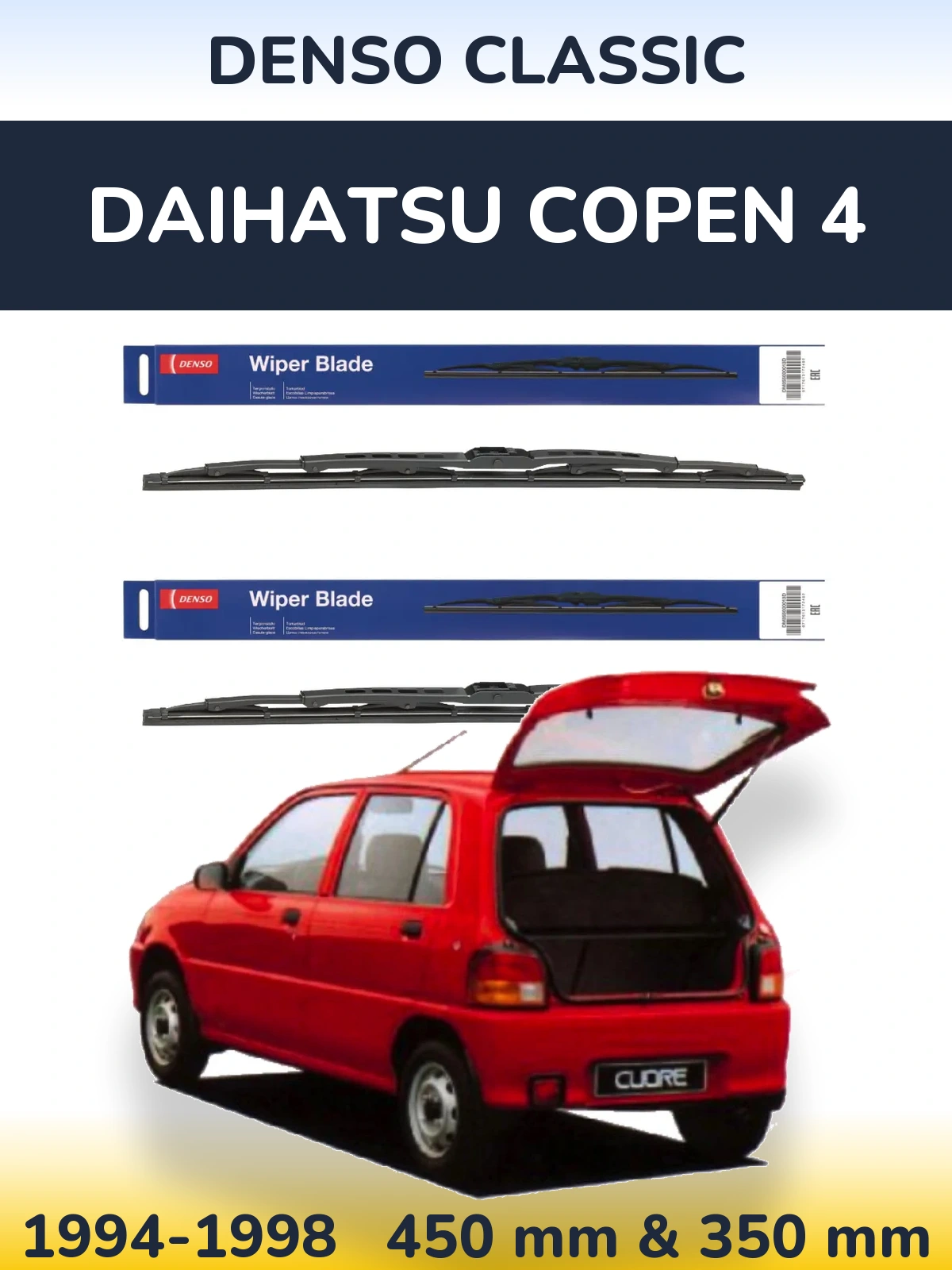 Front wiper blade set Denso Classic 450 & 350 mm for Daihatsu Copen 4 1994-1998
