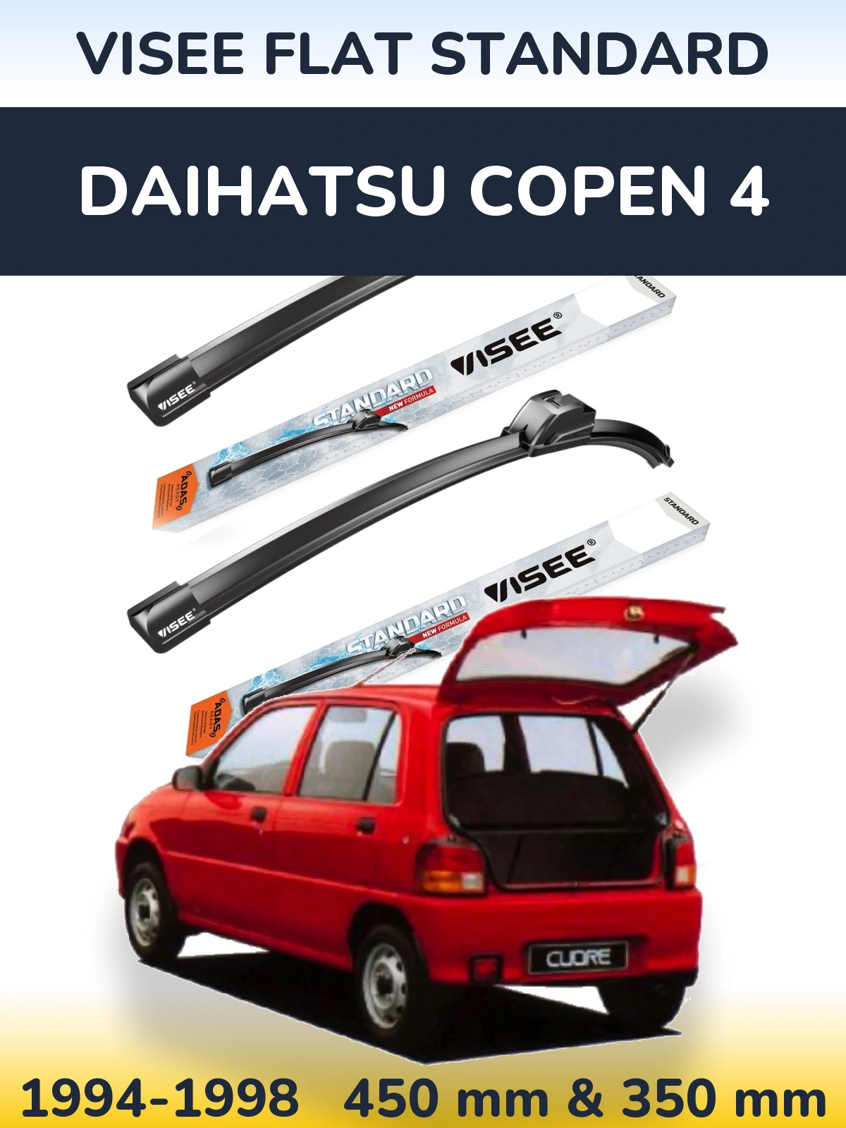 Front wiper blade set VISEE FLAT STANDARD 450 & 350 mm for Daihatsu Copen 4 1994-1998