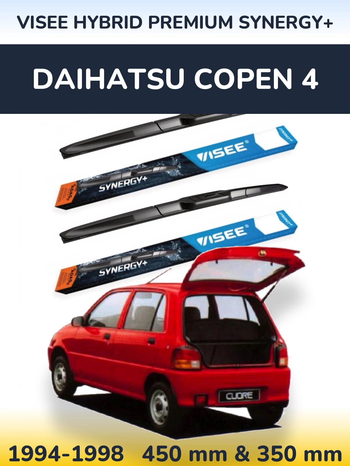 Front wiper blade set VISEE HYBRID PREMIUM SYNERGY+ 450 & 350 mm for Daihatsu Copen 4 1994-1998