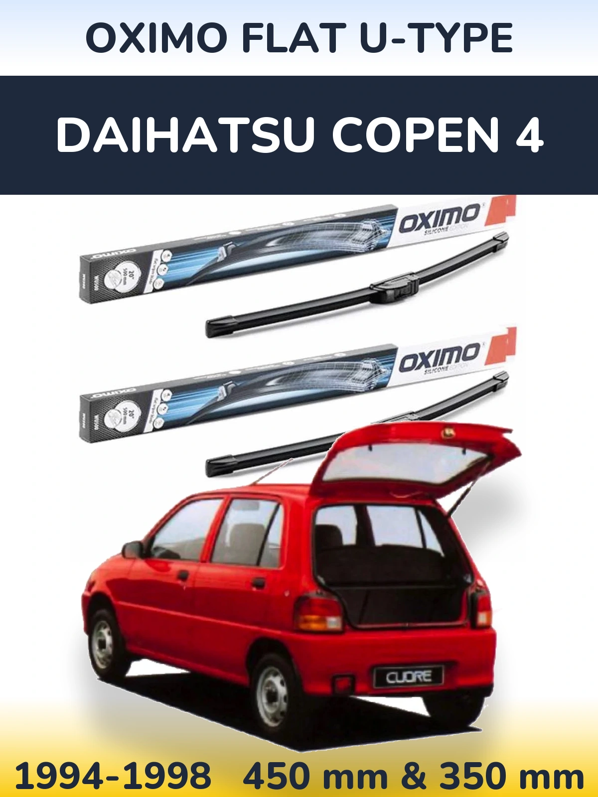 Front wiper blade set Oximo Flat U-type 450 & 350 мм for Daihatsu Copen 4 1994-1998