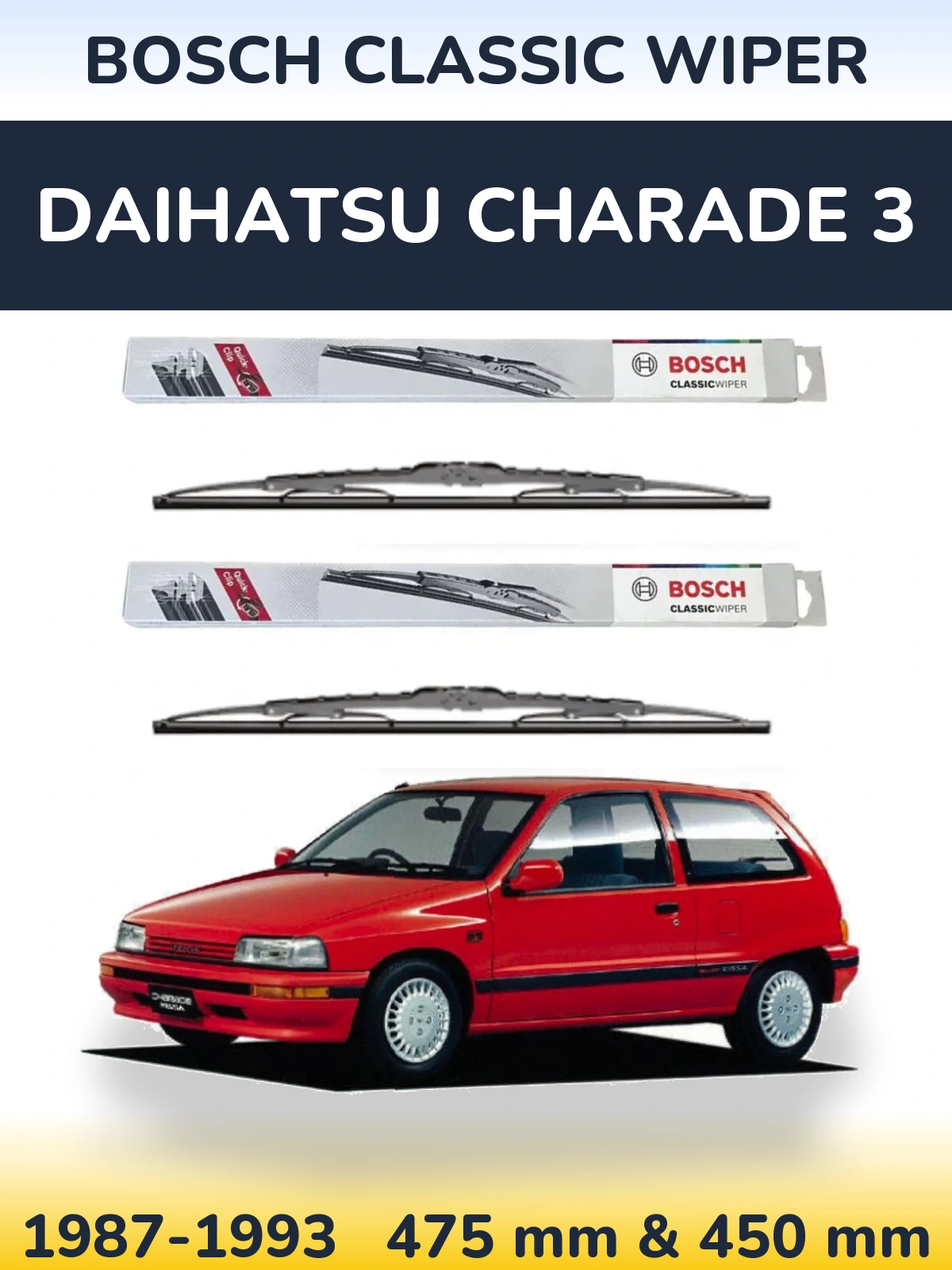 Front wiper blade set BOSCH Classic Wiper 475 & 450 mm for Daihatsu Charade 3 1987-1993