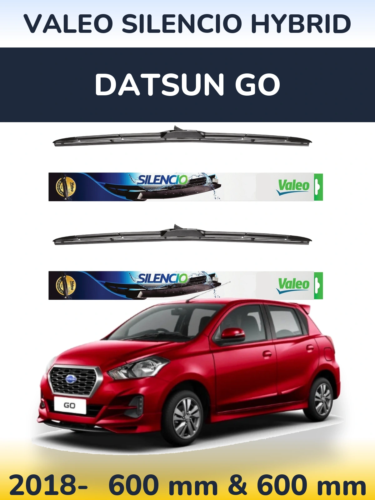 Front wiper blade set Valeo Silencio Hybrid 600 & 600 mm for Datsun Go 2018-2026
