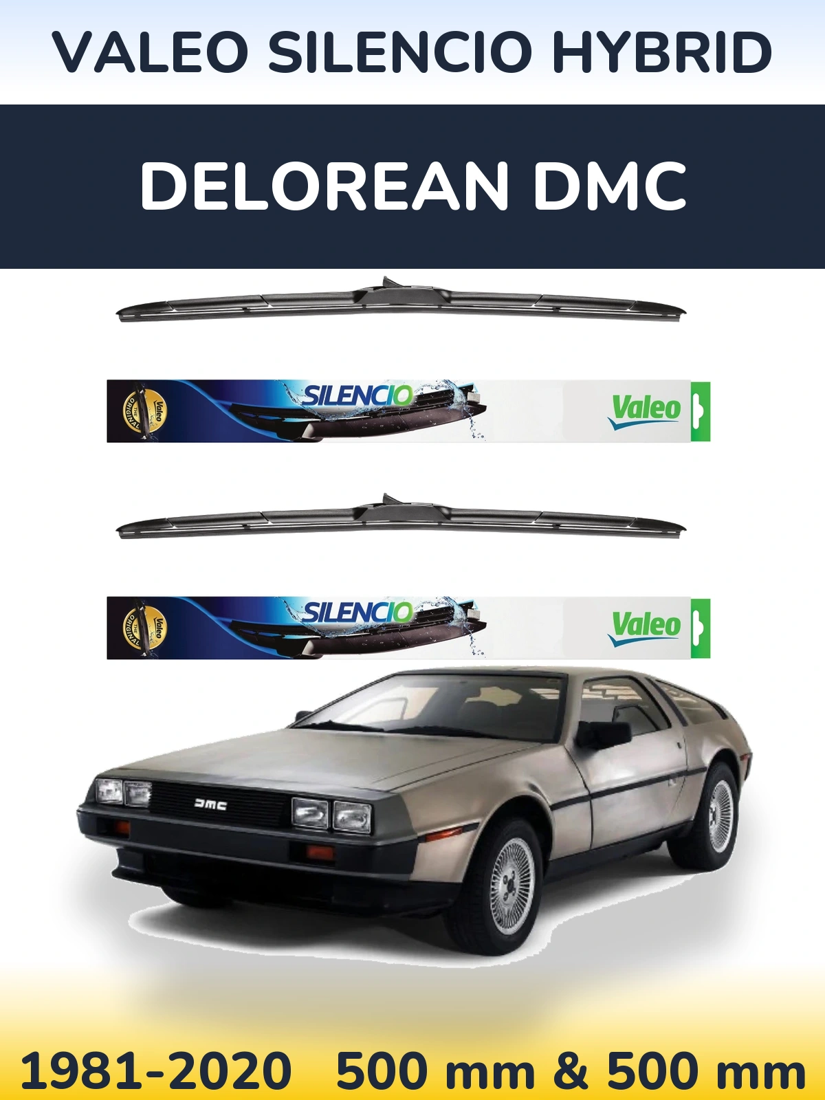 Front wiper blade set Valeo Silencio Hybrid 500 & 500 мм for DeLorean DMC 1981-2020