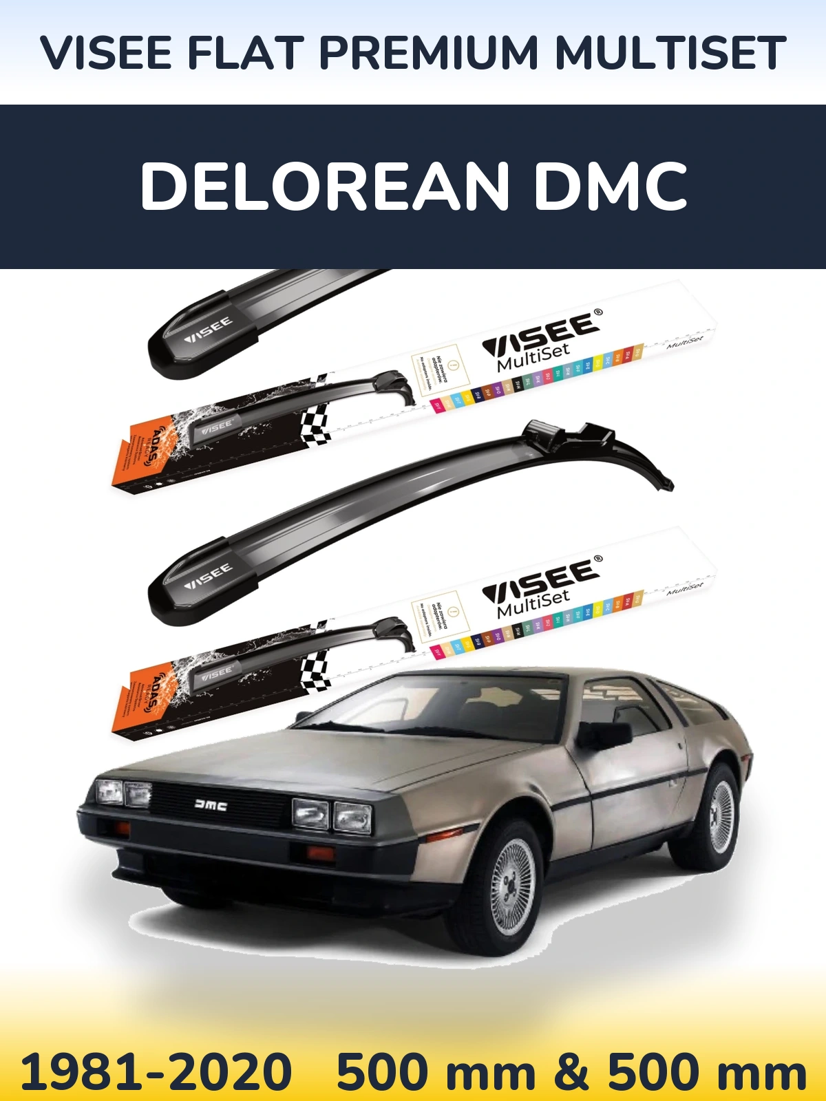 Front wiper blade set VISEE FLAT PREMIUM MultiSet 500 & 500 мм for DeLorean DMC 1981-2020