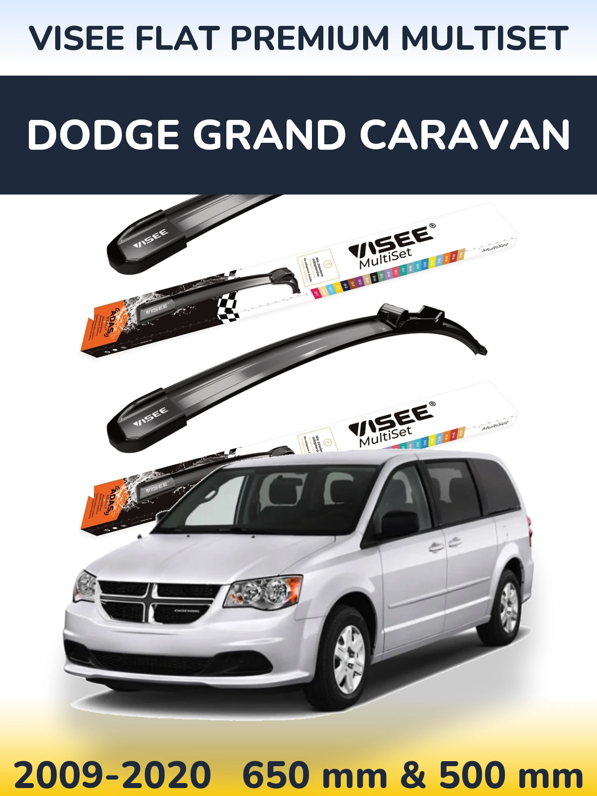Front wiper blade set VISEE FLAT PREMIUM MultiSet 650 & 500 мм for Dodge Grand Caravan 2009-2020