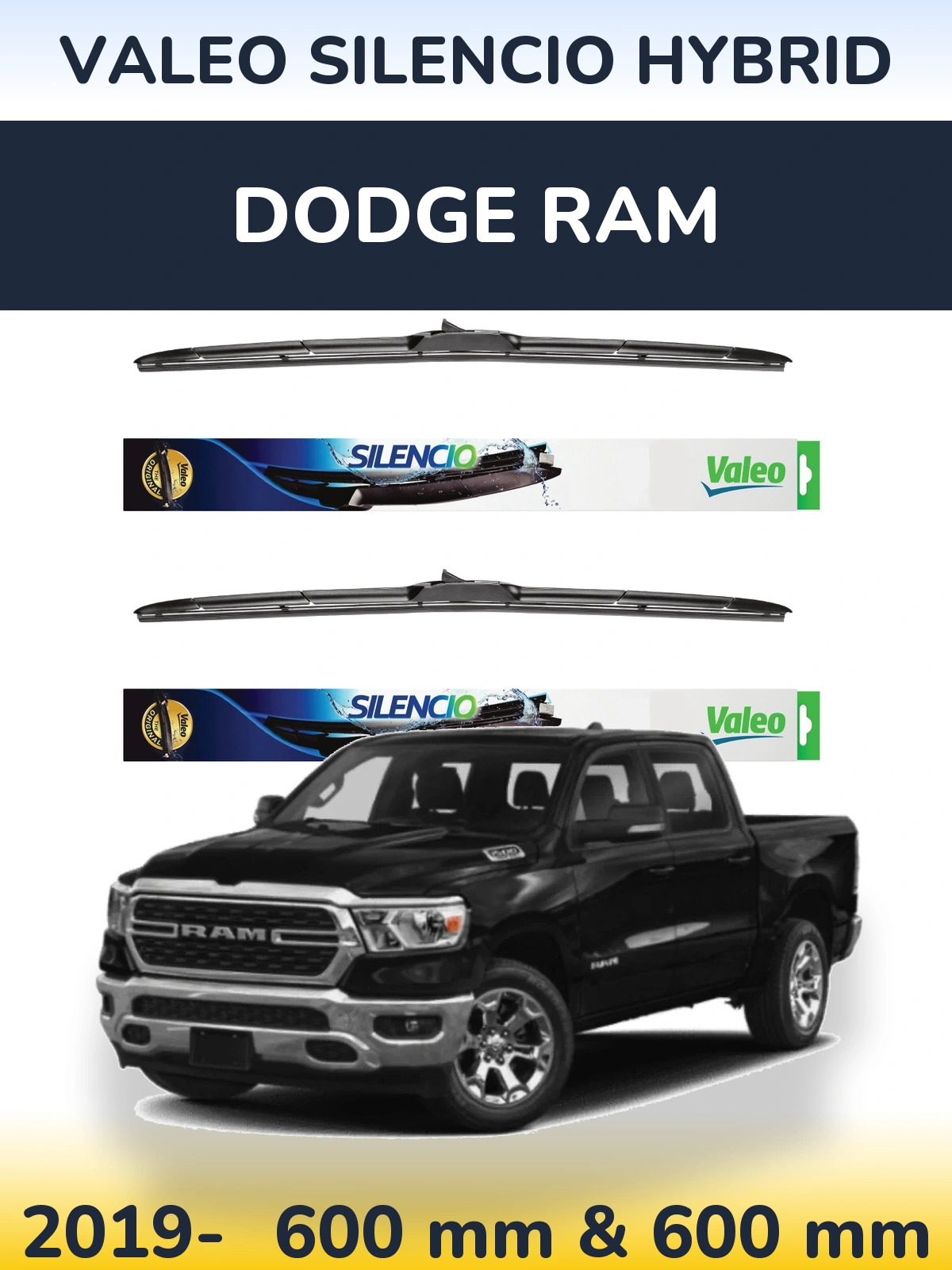 Front wiper blade set Valeo Silencio Hybrid 600 & 600 мм for Dodge RAM 2019-2026