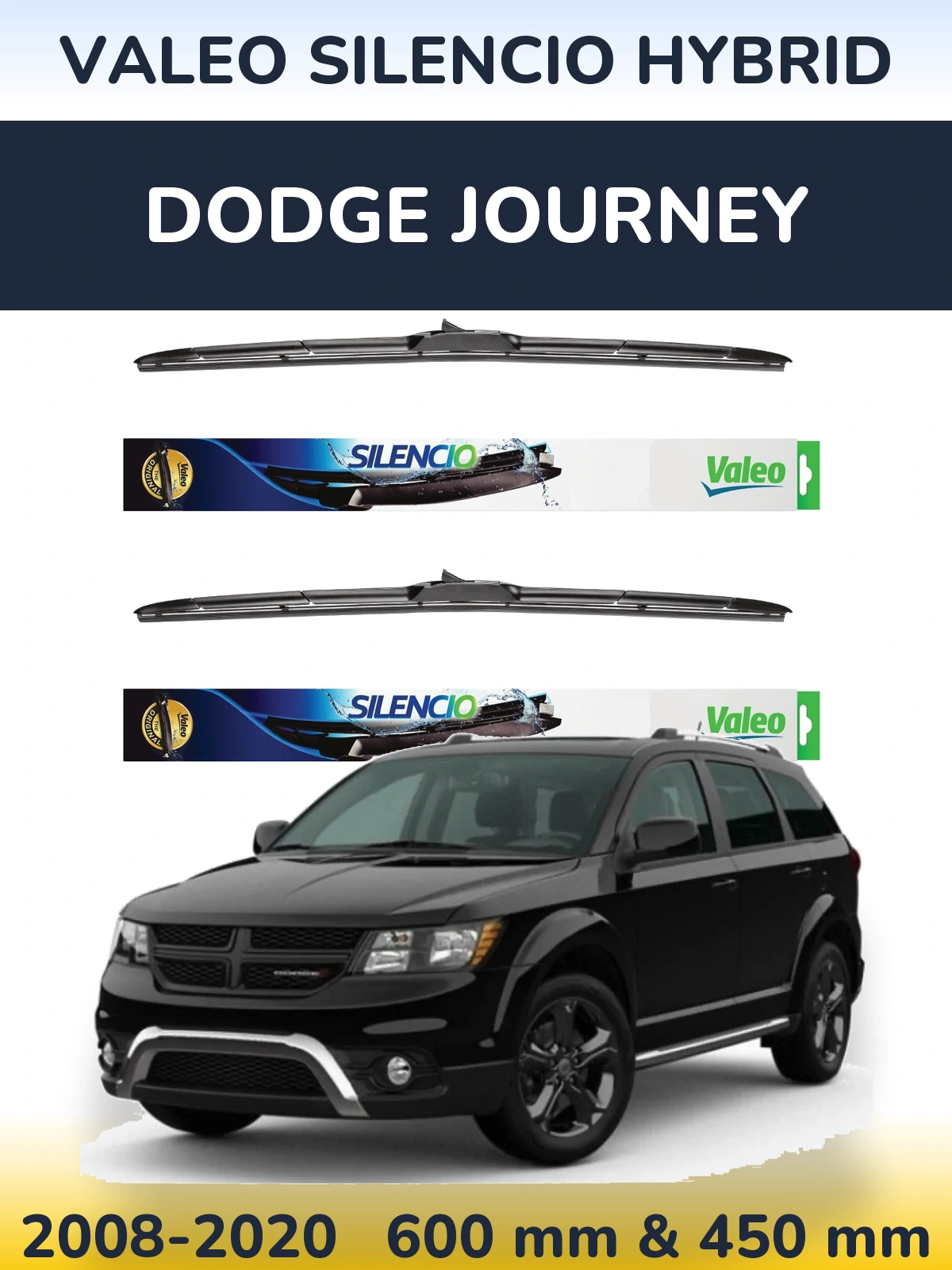Front wiper blade set Valeo Silencio Hybrid 600 & 450 мм for Dodge Journey 2008-2020