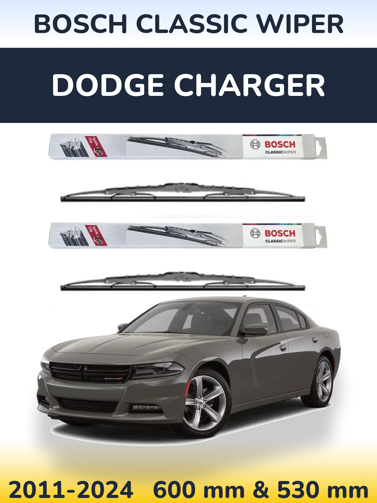 Front wiper blade set BOSCH Classic Wiper 600 & 530 mm for Dodge Charger 2011-2024
