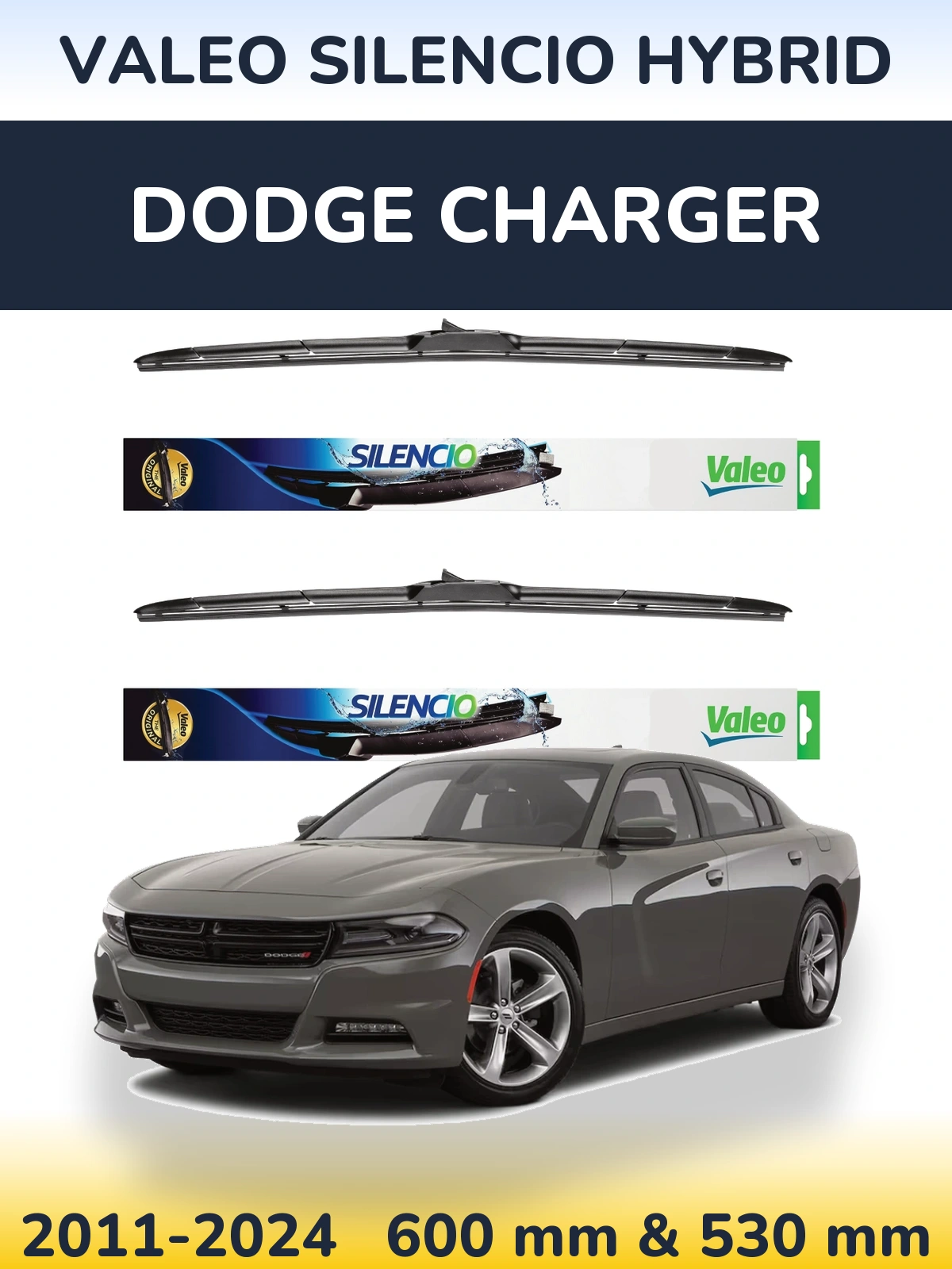 Front wiper blade set Valeo Silencio Hybrid 600 & 530 mm for Dodge Charger 2011-2024
