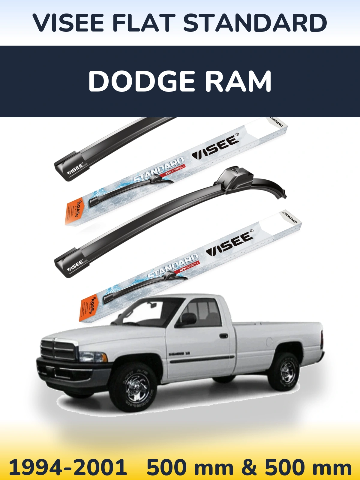 Front wiper blade set VISEE FLAT STANDARD 500 & 500 mm for Dodge RAM 1994-2001