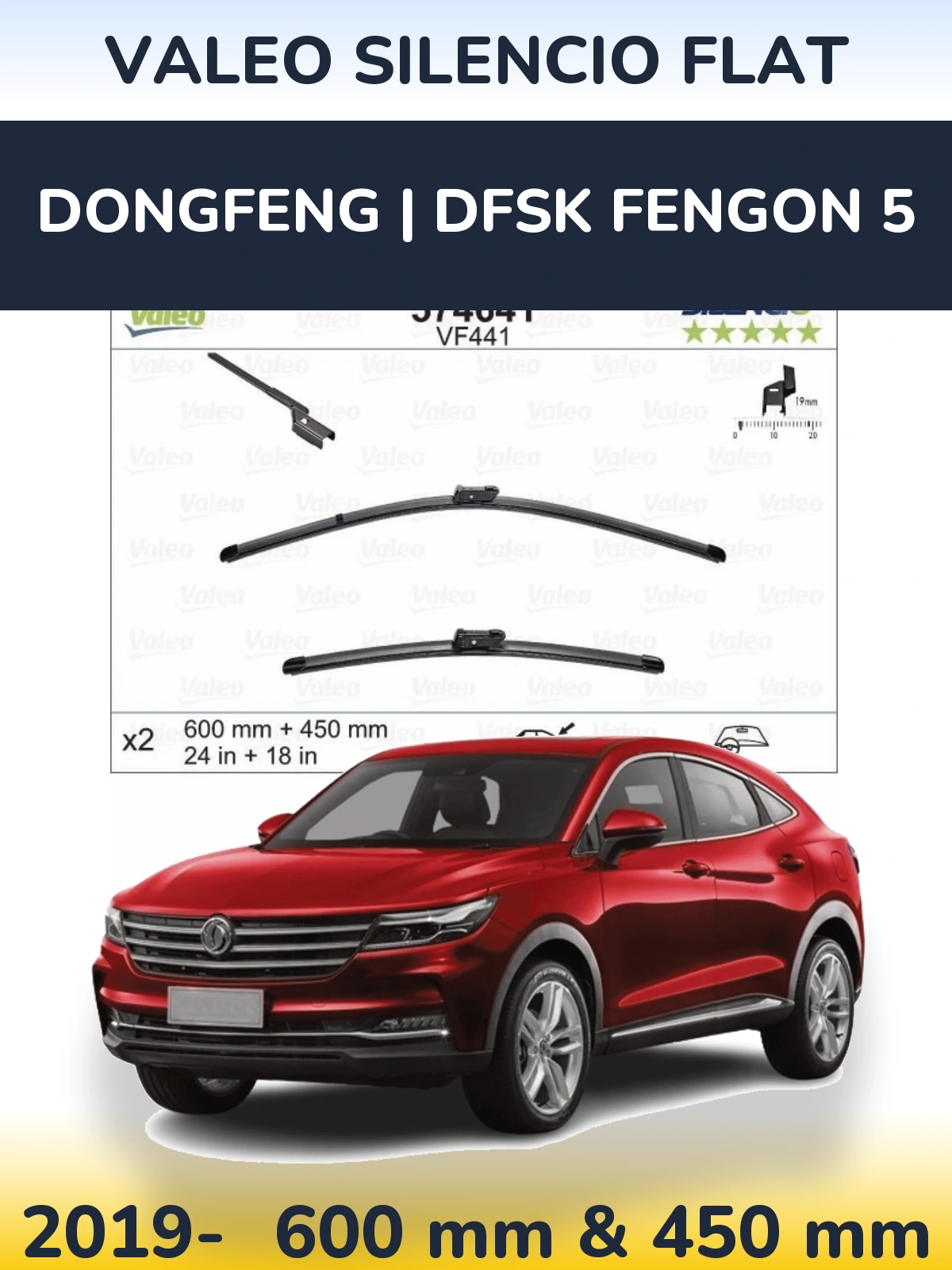 Komplet przednich wycieraczek Valeo Silencio Flat 600 & 450 mm do DongFeng | DFSK Fengon 5 2019-2026