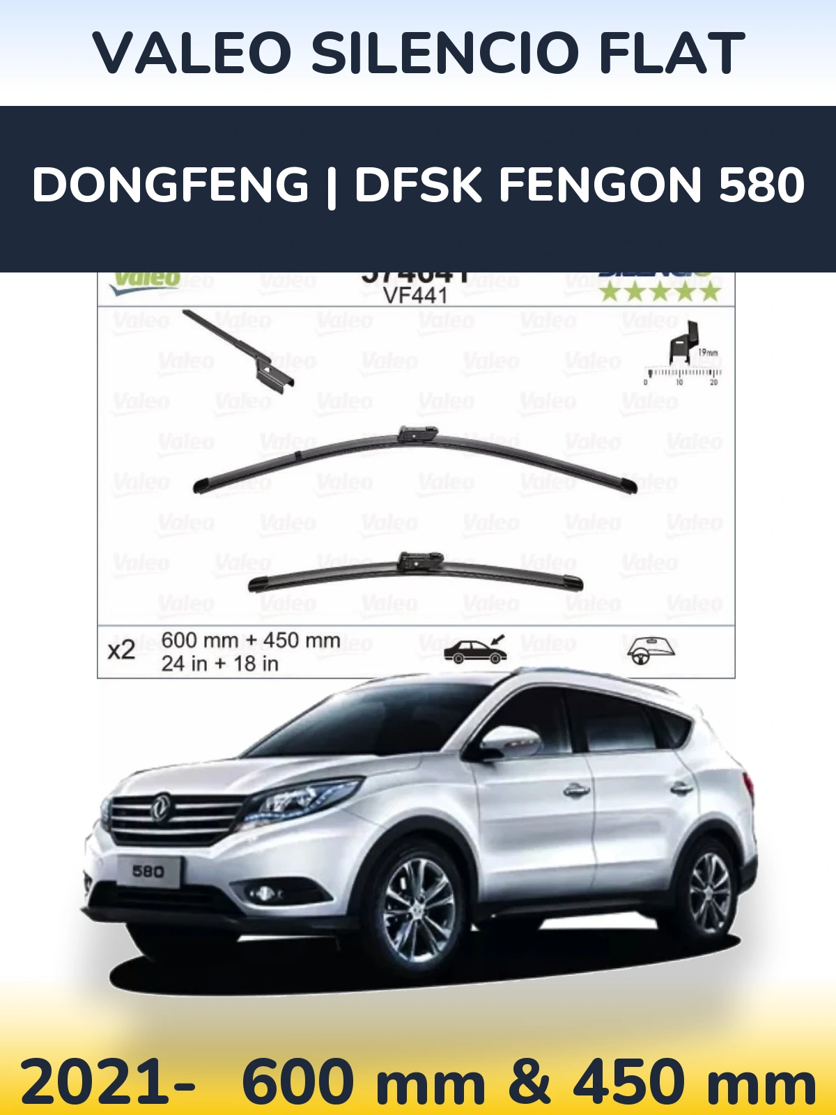 Front wiper blade set Valeo Silencio Flat 600 & 450 мм for DongFeng | DFSK Fengon 580 2021-2026