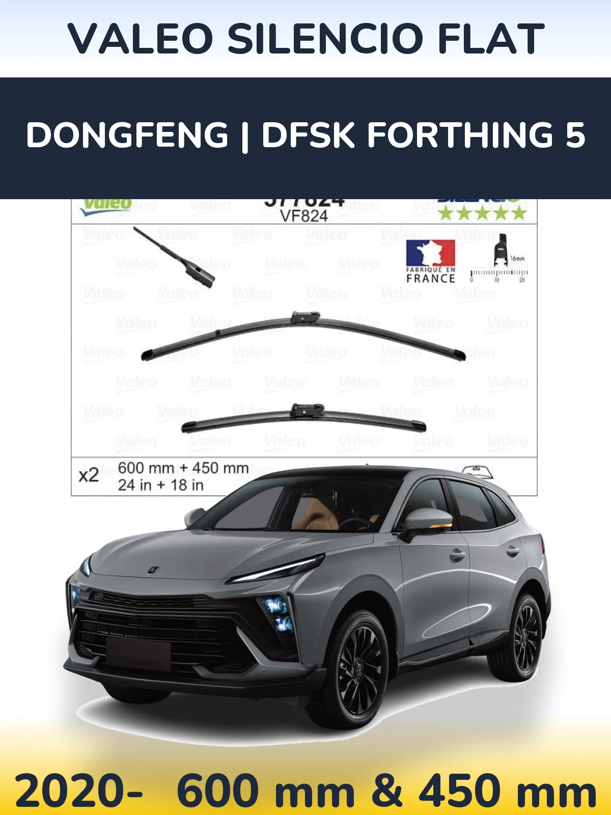 Комплект передніх щіток Valeo Silencio Flat 600 & 450 мм для DongFeng | DFSK Forthing 5 2020-2026