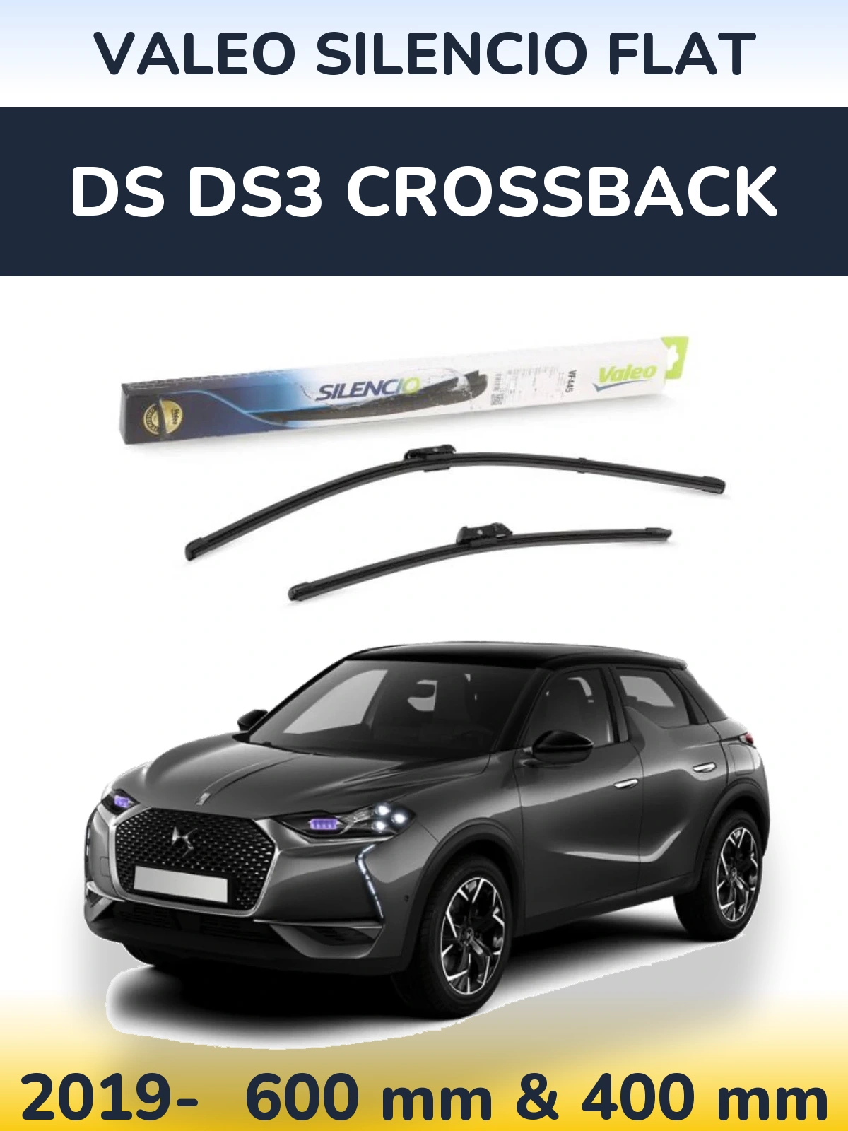 Komplet przednich wycieraczek Valeo Silencio Flat 600 & 400 mm do DS DS3 Crossback 2019-2026
