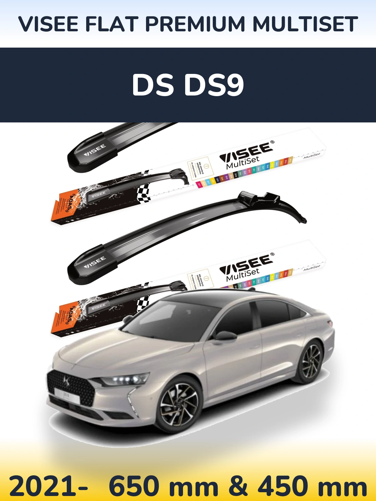 Komplet przednich wycieraczek VISEE FLAT PREMIUM MultiSet 650 & 450 mm do DS DS9 2021-2026