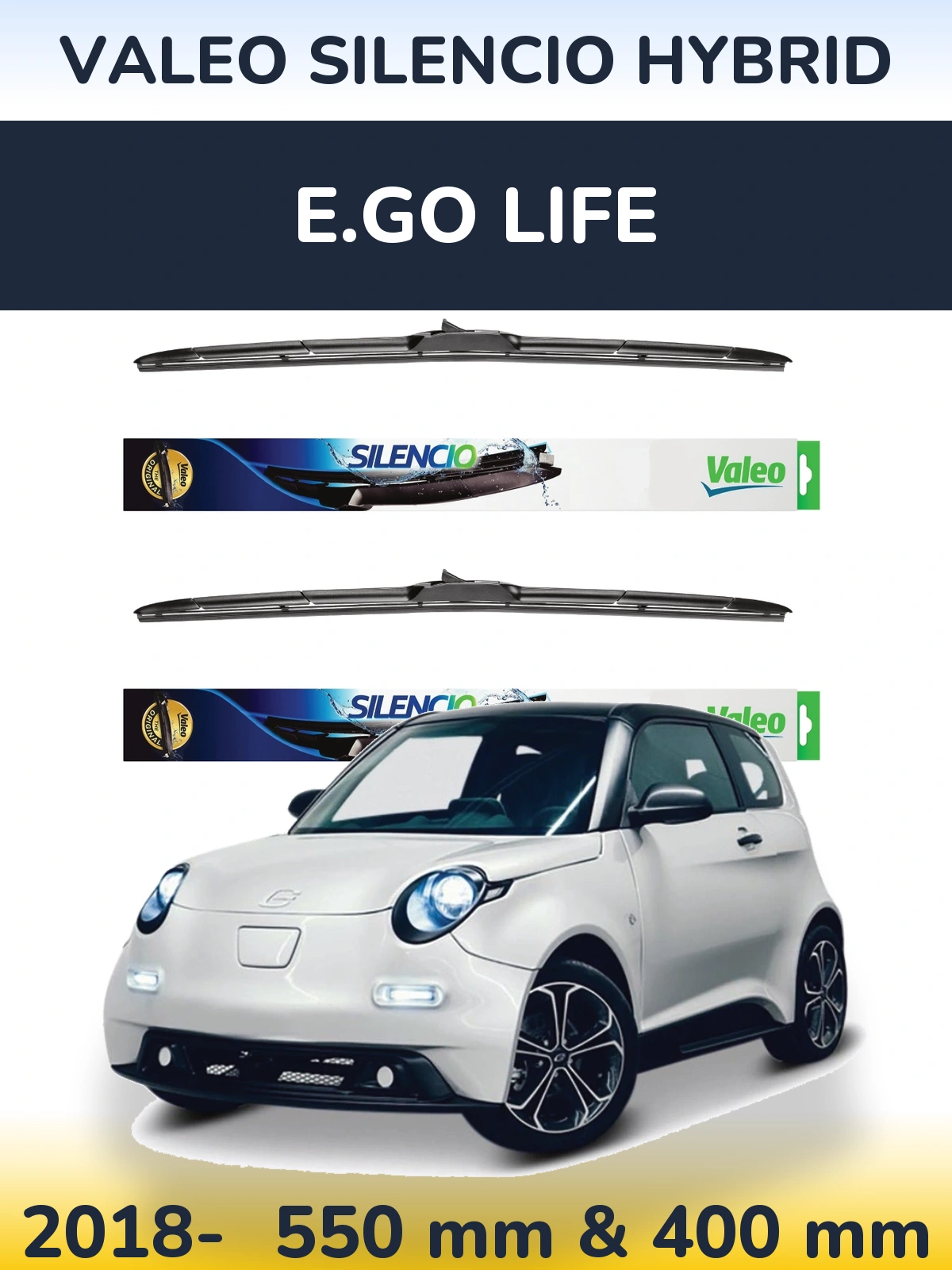 Front wiper blade set Valeo Silencio Hybrid 550 & 400 mm for E.GO life 2018-2026
