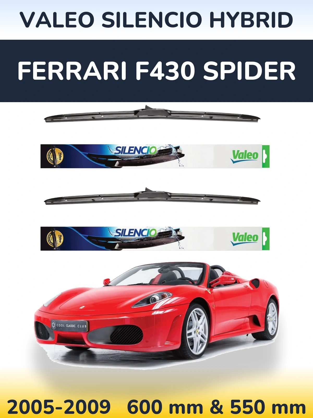 Komplet przednich wycieraczek Valeo Silencio Hybrid 600 & 550 mm do Ferrari F430 Spider 2005-2009