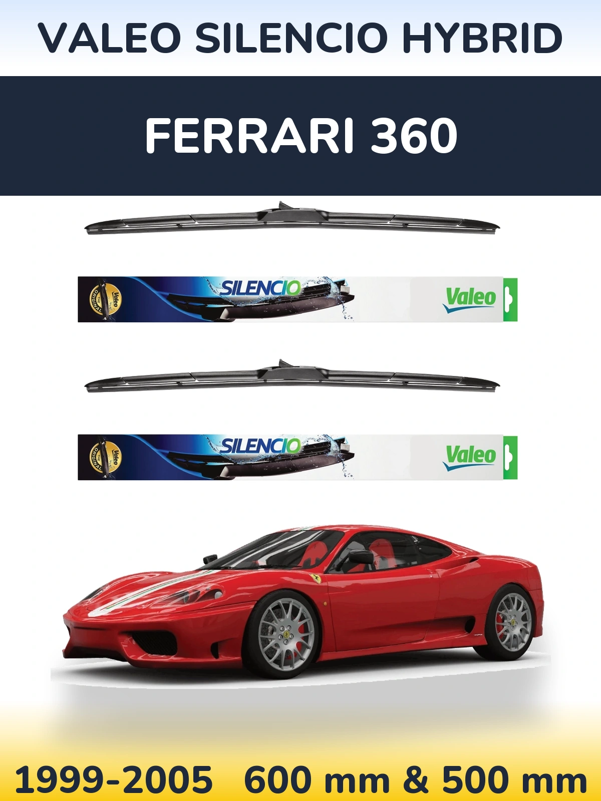 Komplet przednich wycieraczek Valeo Silencio Hybrid 600 & 500 mm do Ferrari 360 1999-2005