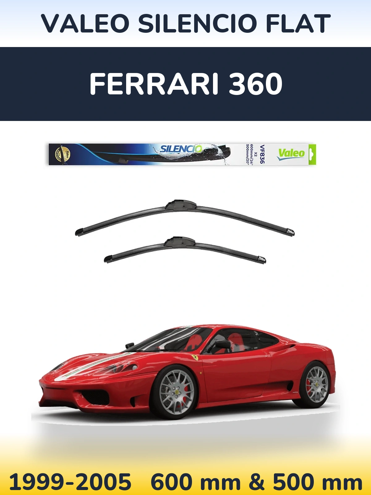 Komplet przednich wycieraczek Valeo Silencio Flat 600 & 500 mm do Ferrari 360 1999-2005