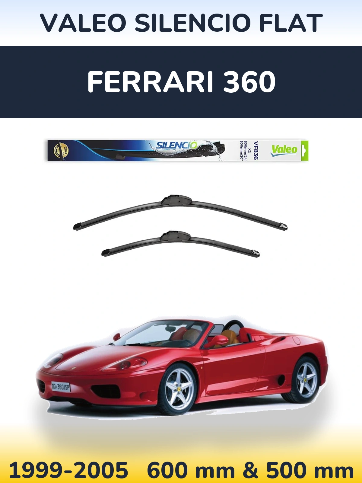 Komplet przednich wycieraczek Valeo Silencio Flat 600 & 500 mm do Ferrari 360 1999-2005