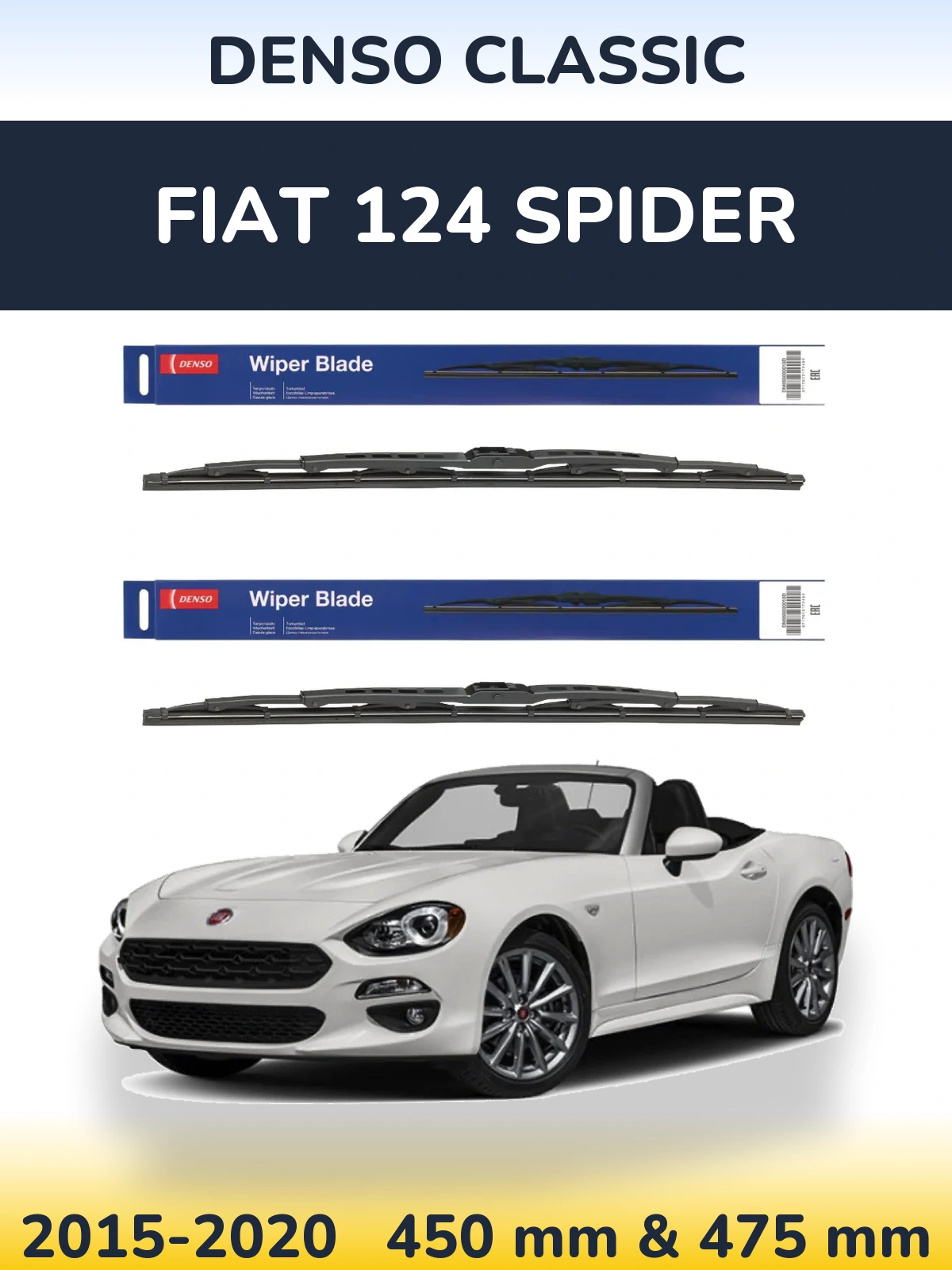 Front wiper blade set Denso Classic 450 & 475 mm for Fiat 124 Spider 2015-2020