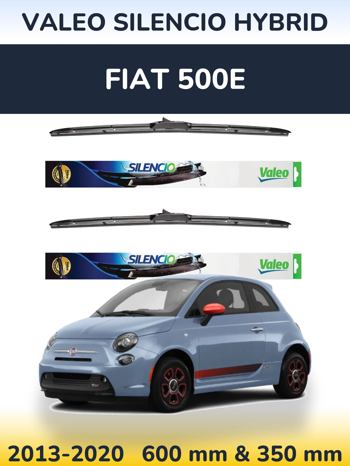 Front wiper blade set Valeo Silencio Hybrid 600 & 350 мм for Fiat 500e 2013-2020