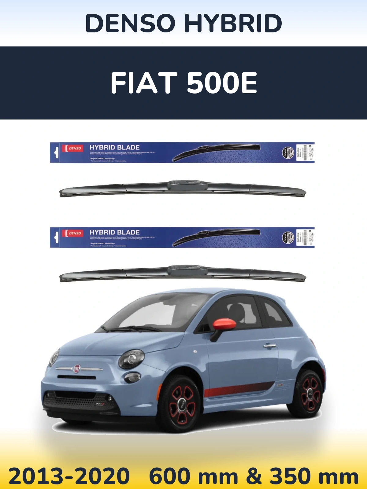Front wiper blade set Denso Hybrid 600 & 350 mm for Fiat 500e 2013-2020