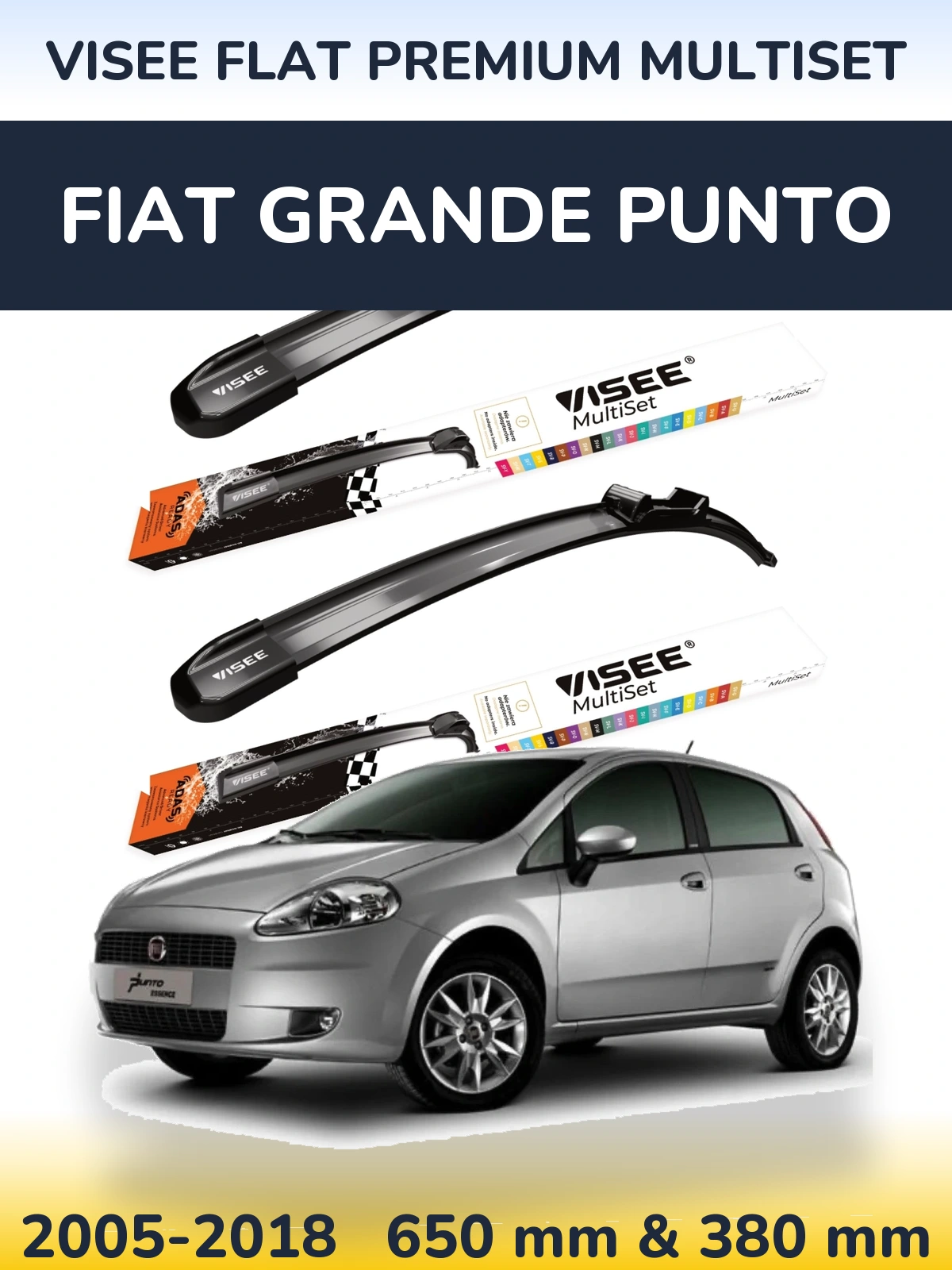 Front wiper blade set VISEE FLAT PREMIUM MultiSet 650 & 380 мм for Fiat Grande Punto 2005-2018